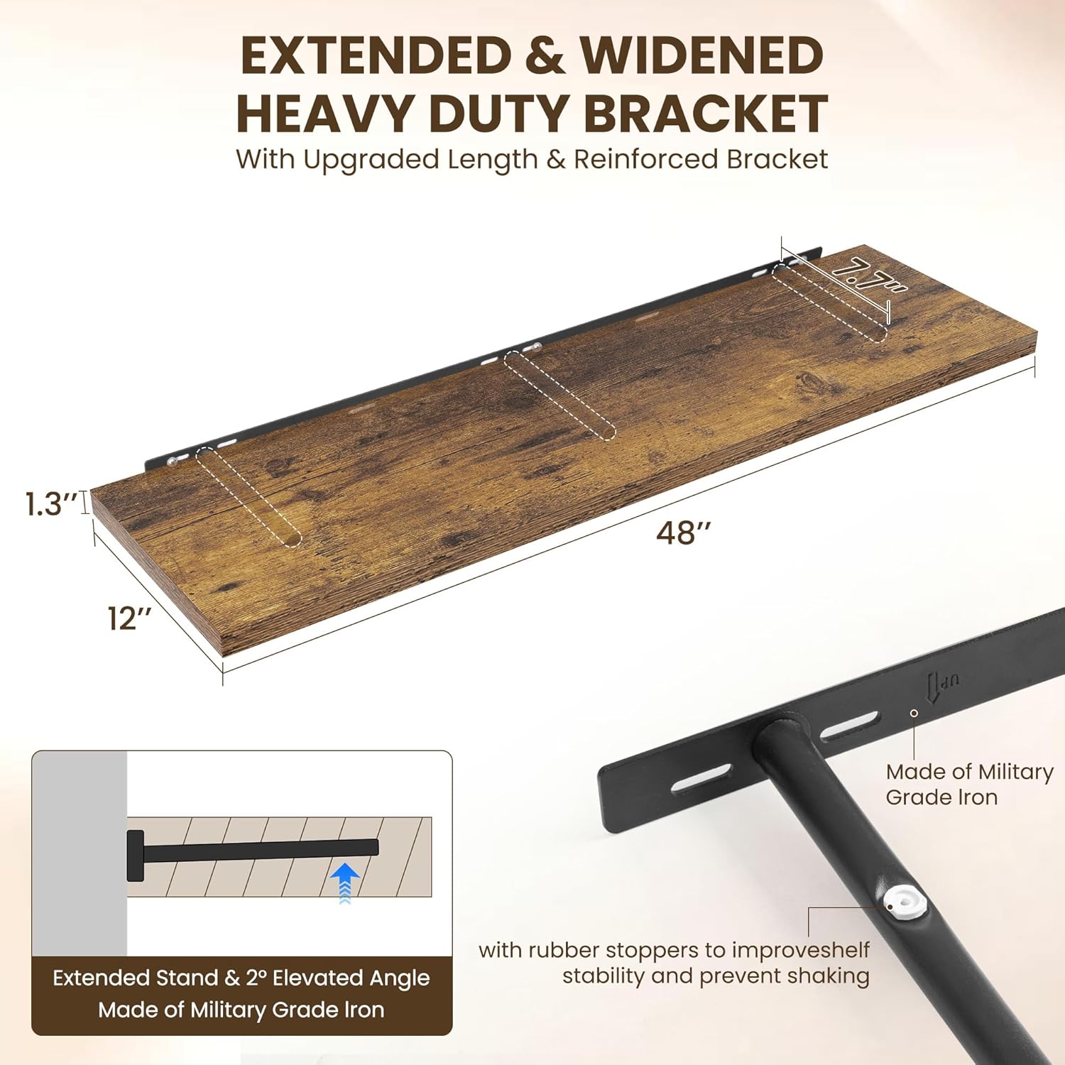 Dreamland 48" Floating Shelves for Wall, 12" Deep Slim Rustic Brown Floating Shelves,Wall-Mounted Shelves for Bedroom, Living Room, Kitchen, Bathroom - Set of 2
