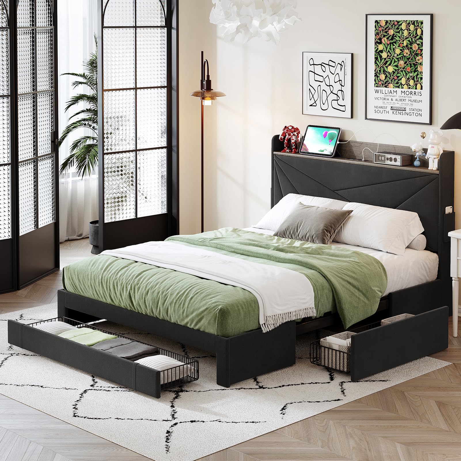 Queen Bed Frame with Headboard & 3 Storage Drawers, Upholstered Platform Bed Frame Queen Size with AC USB & Type C Charging Station, No Box Spring Needed, Easy Assembly, Grey