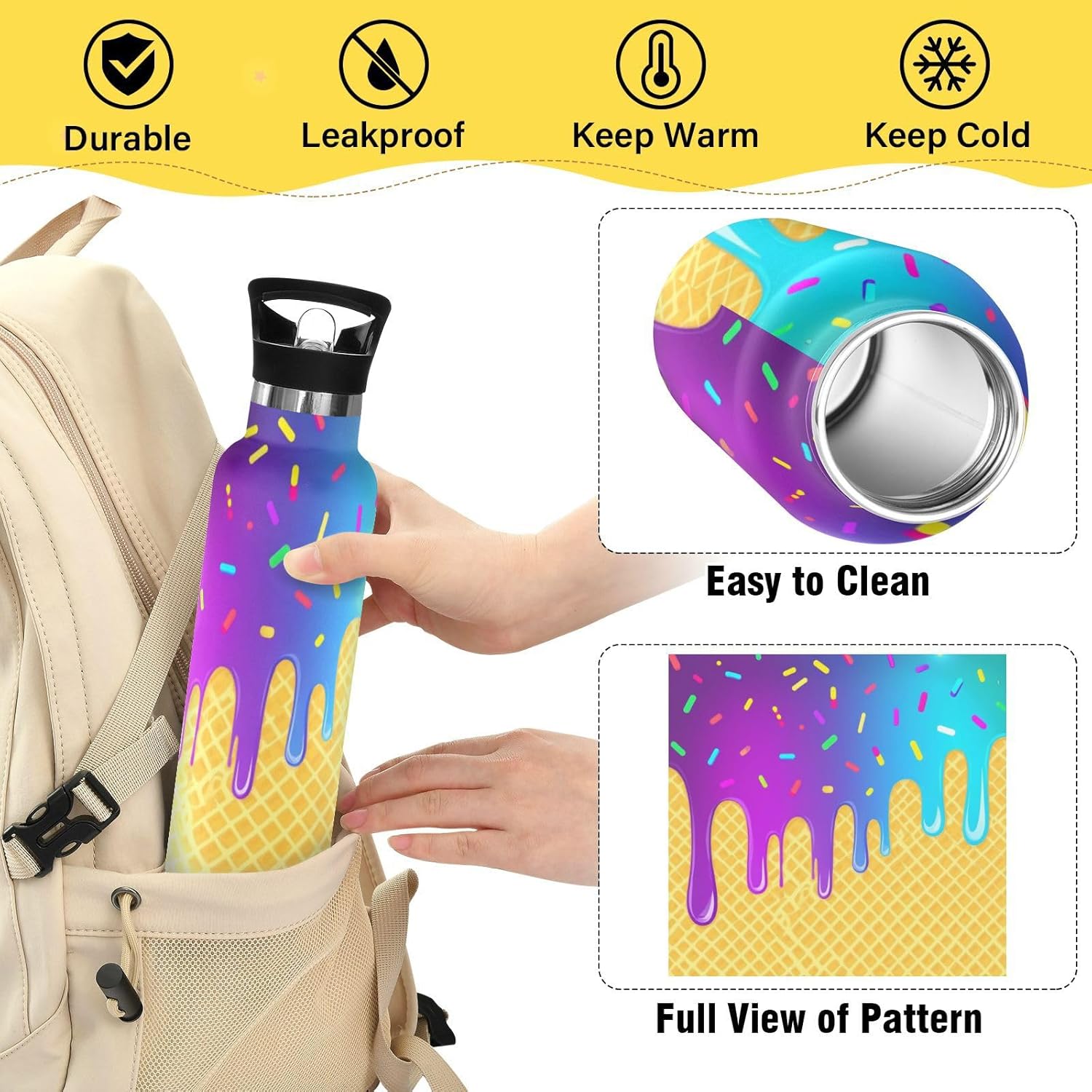 VIGTRO Ice Cream Waffle Cone Sprinkles Kids Water Bottle Vacuum Insulated Stainless Steel Boys Girls Sports Bottle with Straw Lid & Handle 20oz for Daily Outdoor Activities