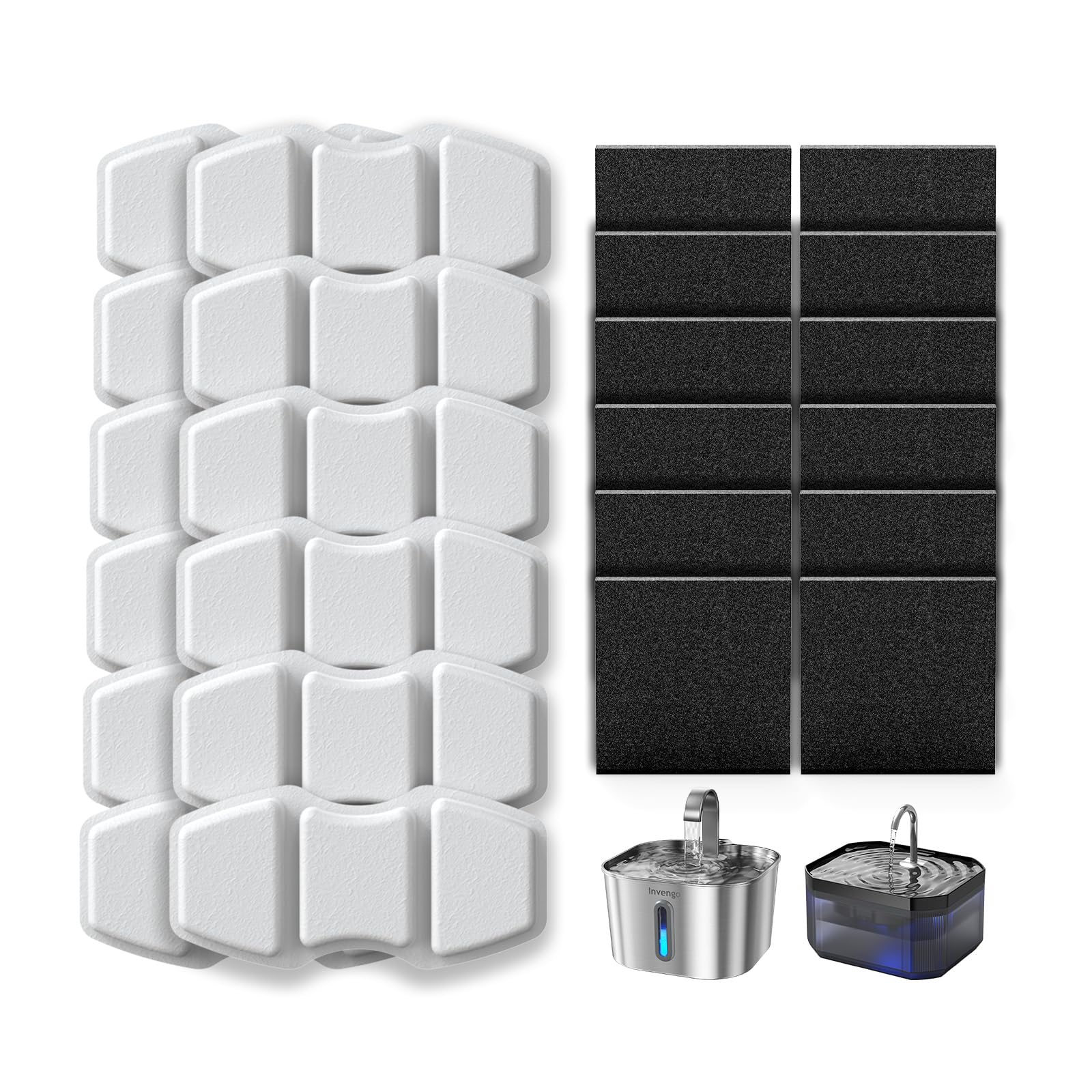Invengo Filtros de repuesto para fuente de agua para gatos, 12 filtros de carbono y 12 esponjas de espuma compatibles con fuentes de agua para mascotas Invengo MeowFlow B10 y B20