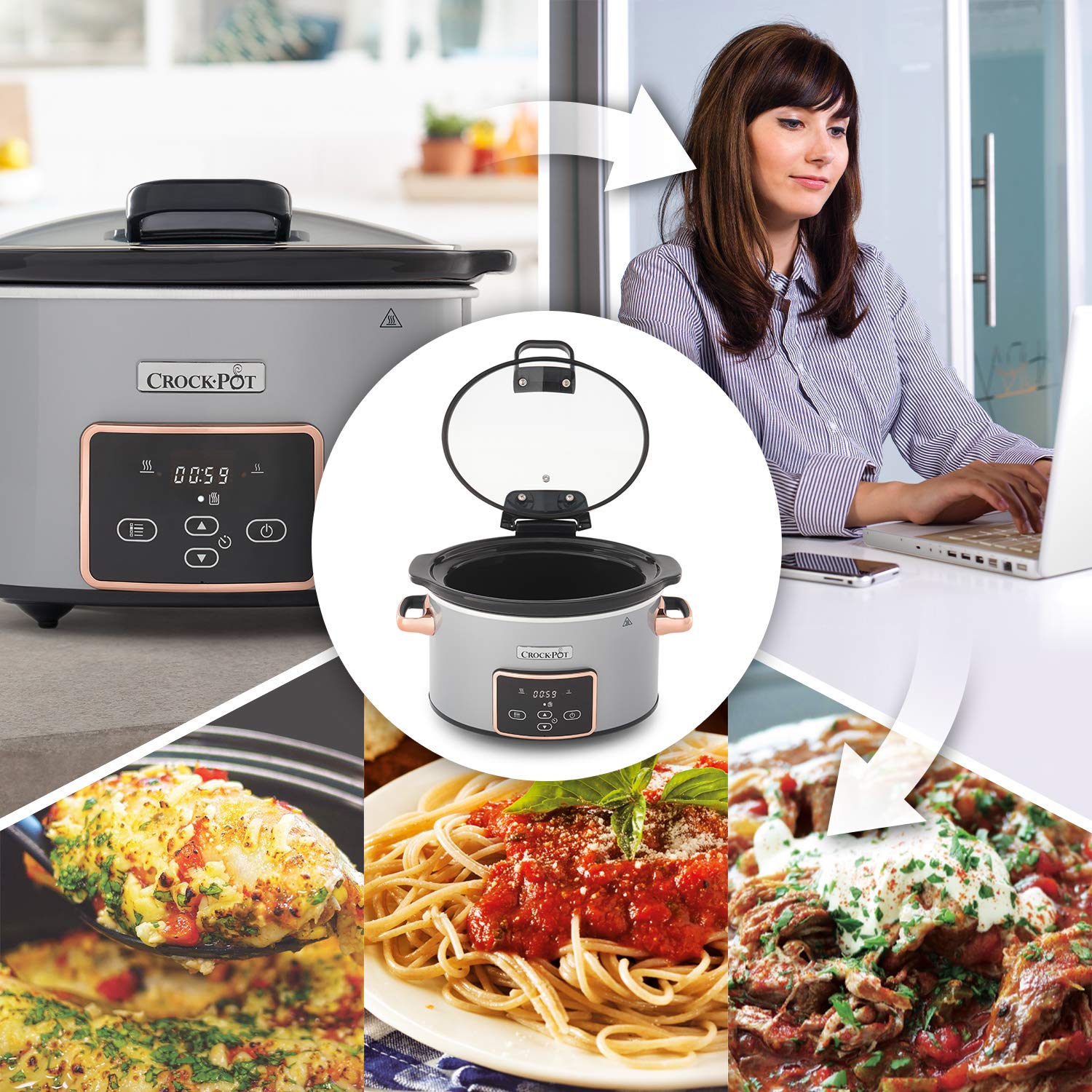 Olla de cocción lenta digital Crock-Pot con tapa con bisagras | tiempo de cocción ajustable | 3,5 litros (3-4 personas) | Plata y oro rosa [CSC059X]