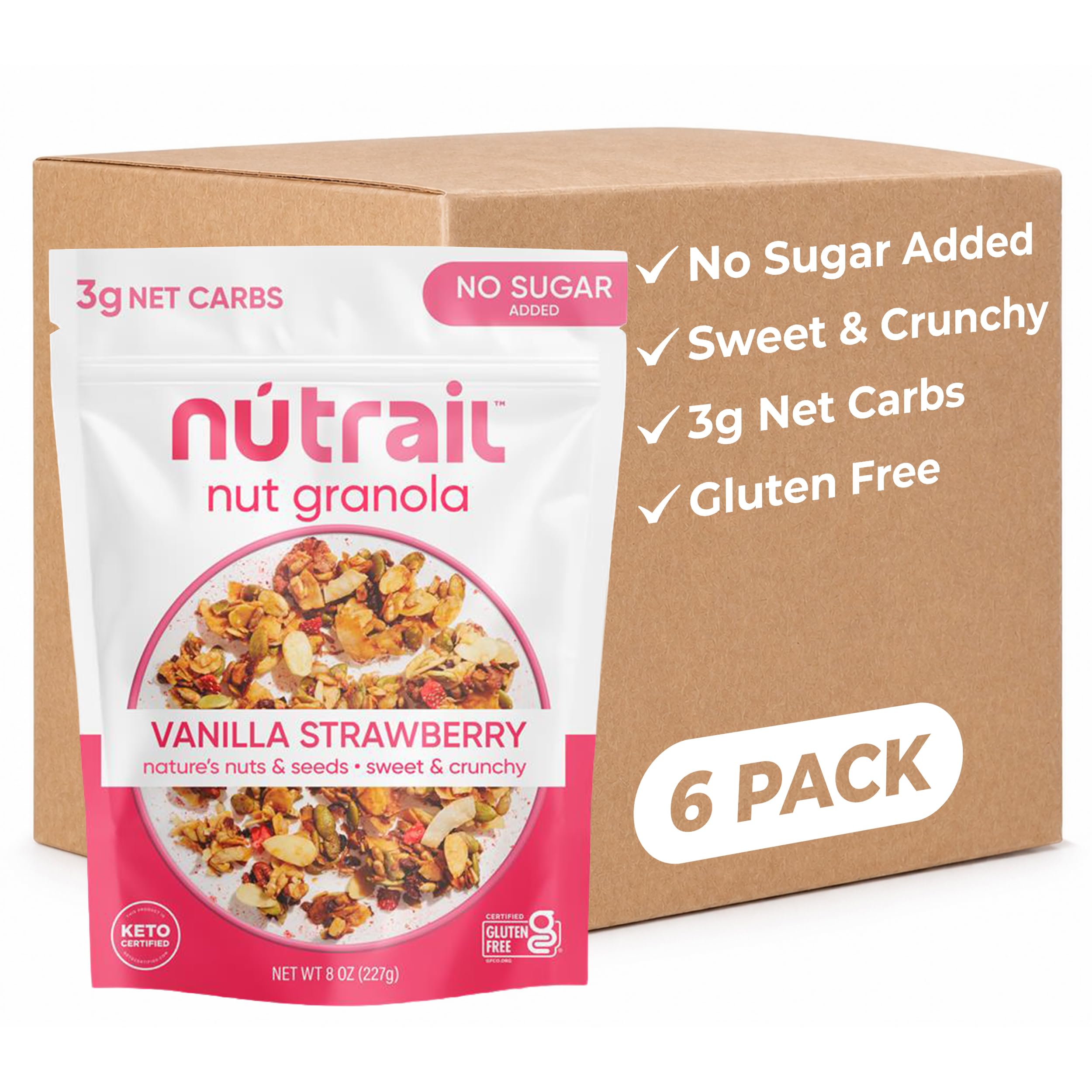 NuTrail Nussmüsli, Vanille-Erdbeere, ohne Zuckerzusatz, Keto, Low Carb, glutenfrei, getreidefrei, gesundes Frühstück, 237 ml, 6 Stück