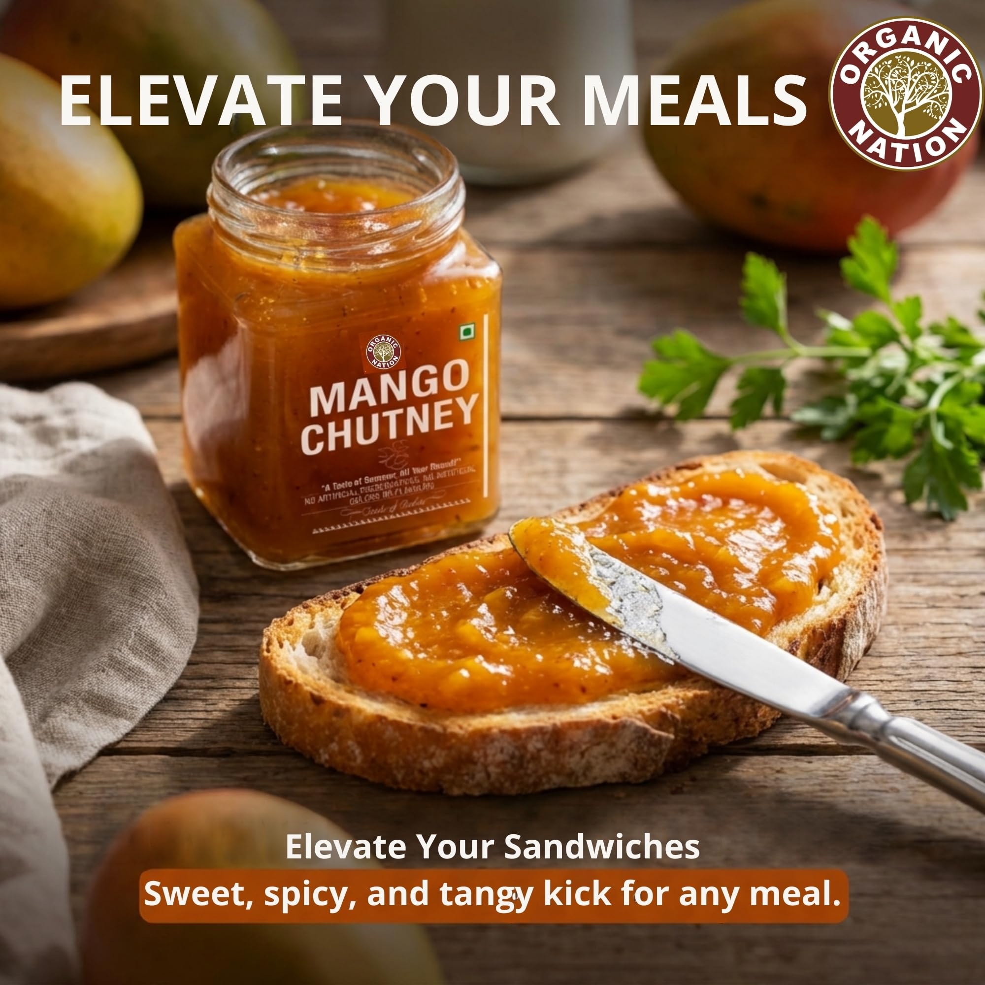 ORGANIC NATION Mango Chutney - Delicious Indian Sweet & Spicy Relish, Handcrafted with Fresh Mangoes & Natural Spices, No Preservatives, 300g, Natural Golden Hue Perfect for Dips, Sandwiches & Curries 3