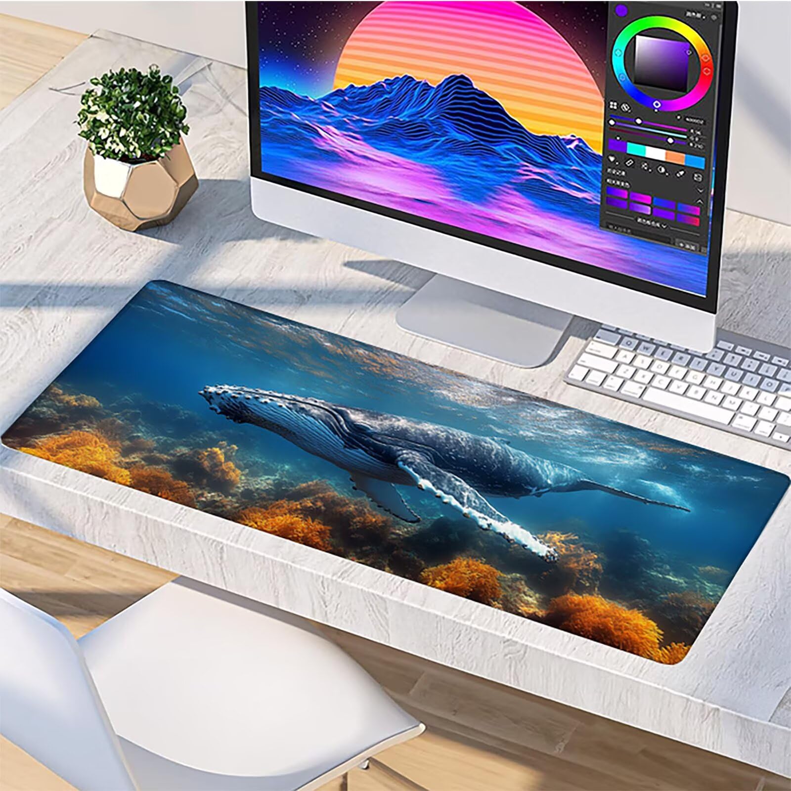 Tappetino Mouse XXL Balena, Oceano Gaming Tappetino Scrivania 1200x600x3mm, Mousepad Grande con Base in Gomma Antiscivolo, Sottomano Scrivania con Bordi Cuciti, Ufficio Accessori Gaming, per PC T-7582