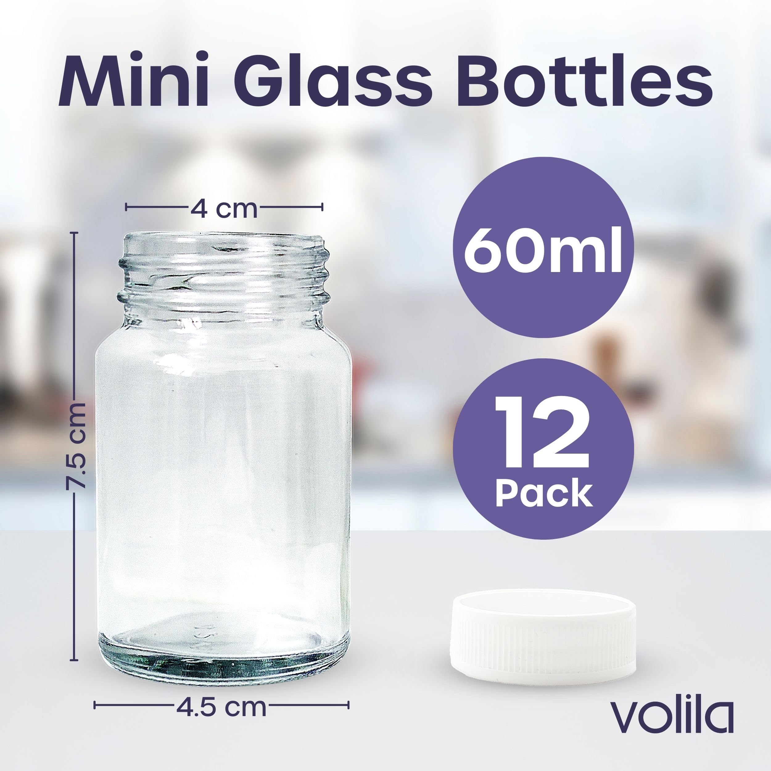volila Shot Bottles with Lids, 12 Pack 2oz/60ml Reusable Glass Shot Bottles with Lids, Funnel, Labels, Shrink Wrap - Image 2
