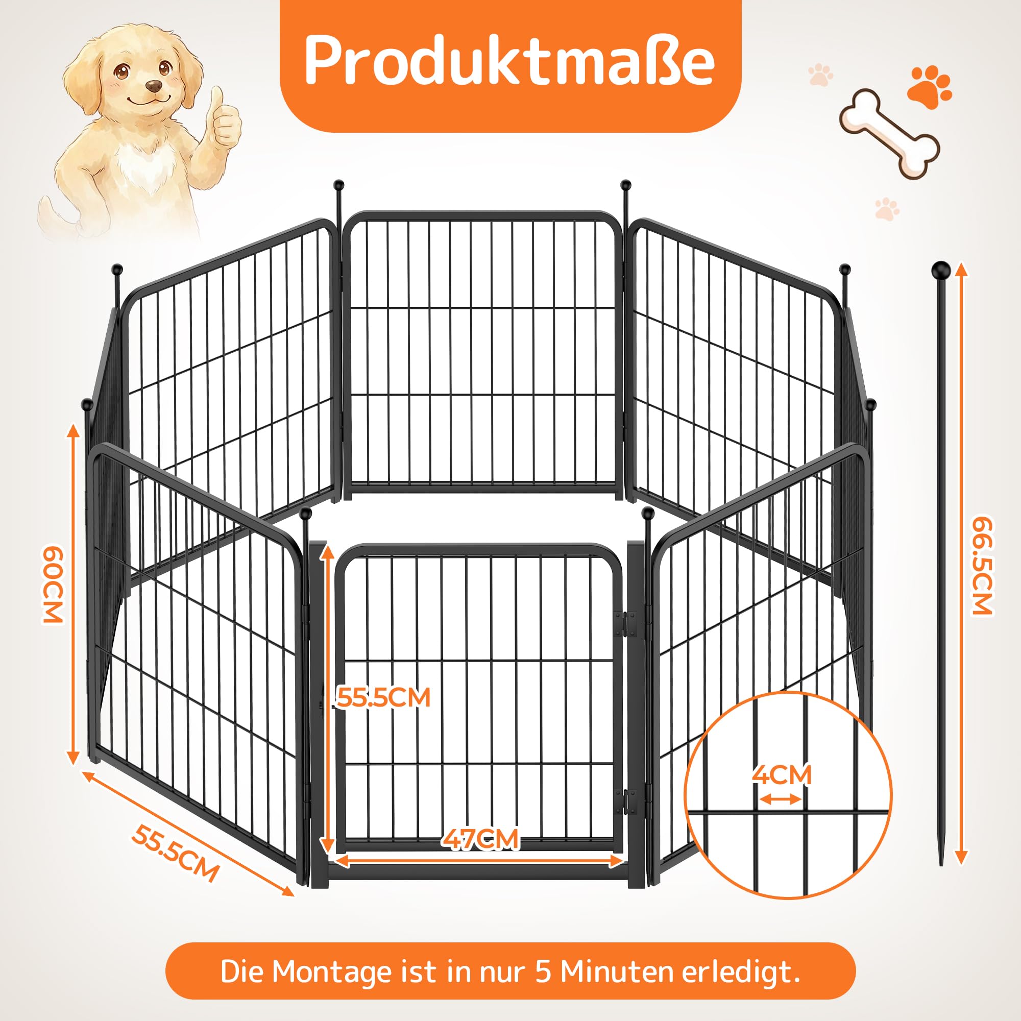 Frost IX Welpenauslauf 60cm Hoch, 8-teilig Faltbar Hundelaufstal mit Tür - Freilaufgehege für Welpen, Katzen & Kleintiere, Werkzeugloser Aufbau, Tragbarer Hundezaun für Indoor, Garten & Camping