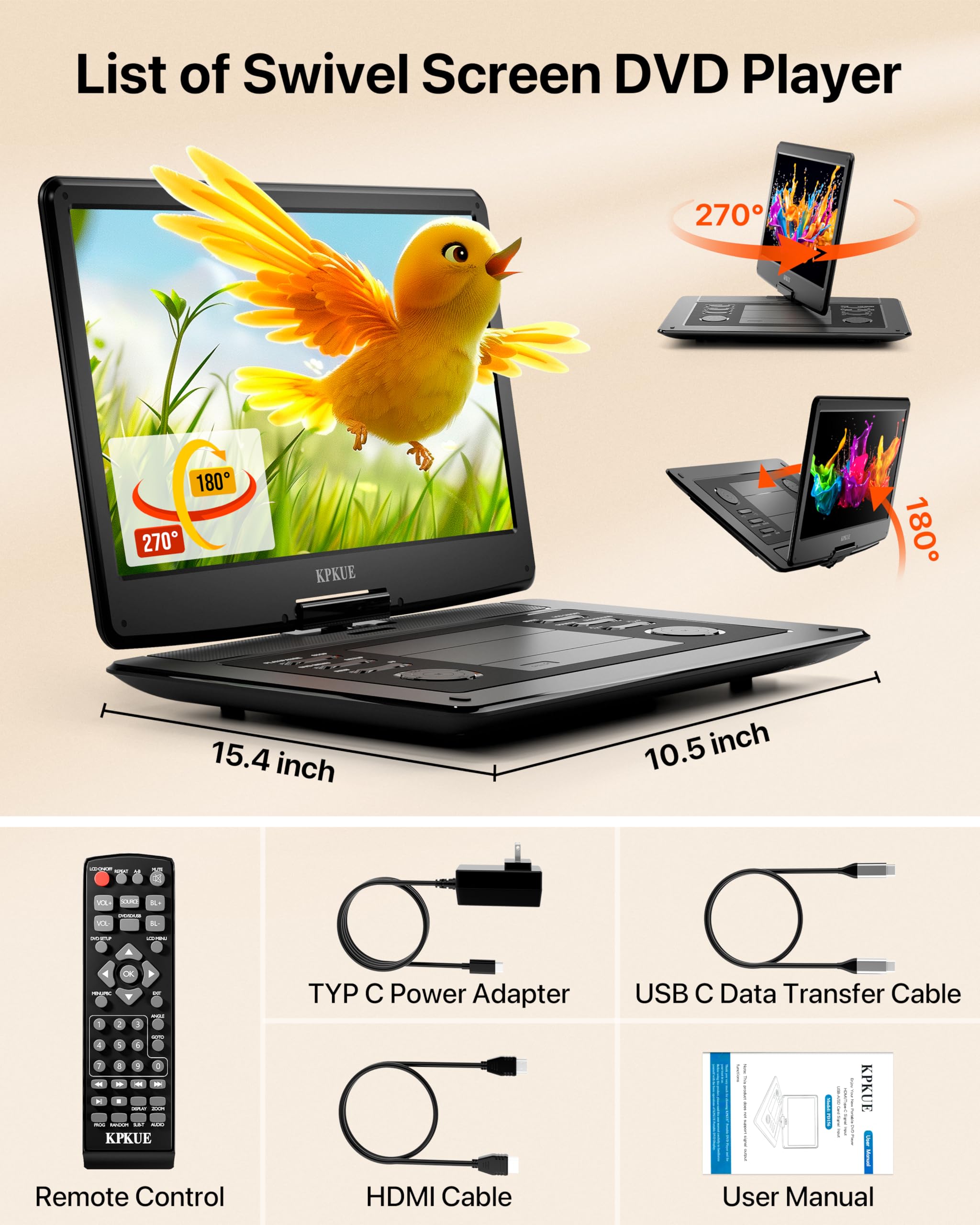Lettore DVD portatile da 15,6 pollici con schermo FHD - Ampio display girevole per fornire intrattenimento in auto, batteria integrata a lunga durata, supporta più formati di dischi, HDMI, USB, SD