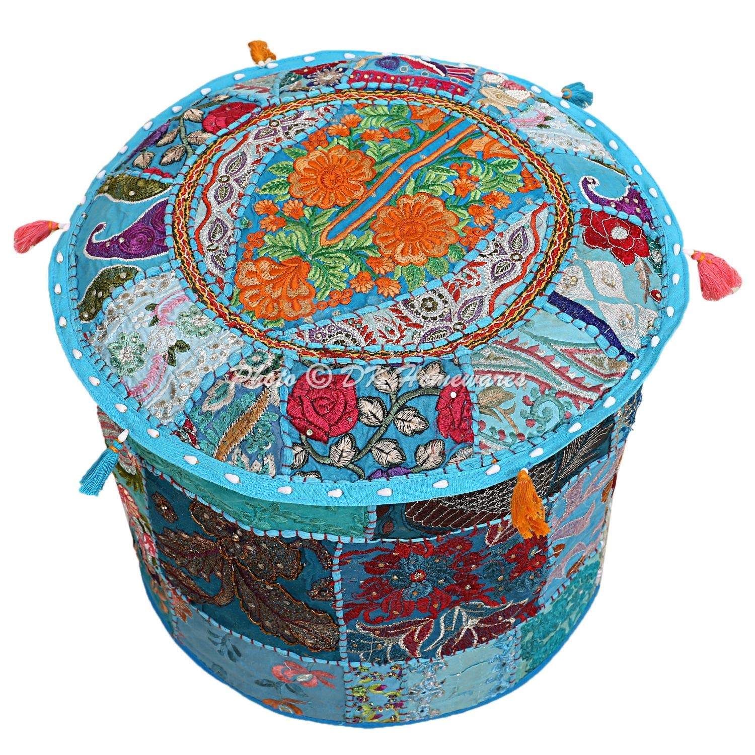 DK Homewares Indian Vintage Patchwork Pouf Ottoman Cover Turquoise Blue Round Foot Rest Living Room Cotton Embroidered Pouf Chair Seat Floral Traditional 16x16x13