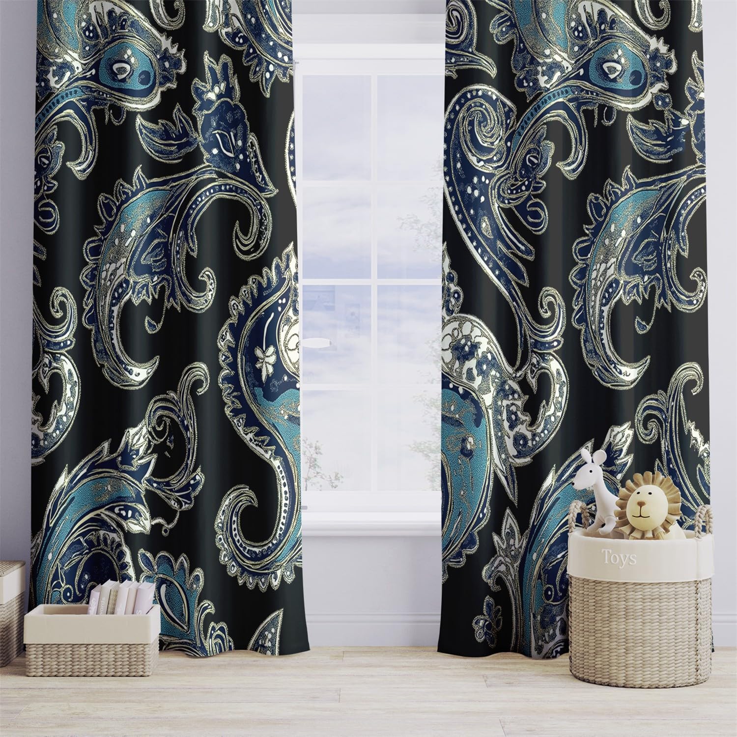 Rideau Occultant Motif Floral Motif Cachemire Occultant Rideaux Thermiques à Oeillets pour 100L X 178H cm (2 Panneaux) Isolant Thermique 3D Impression Décoration Salon Rideau IsolantBleu