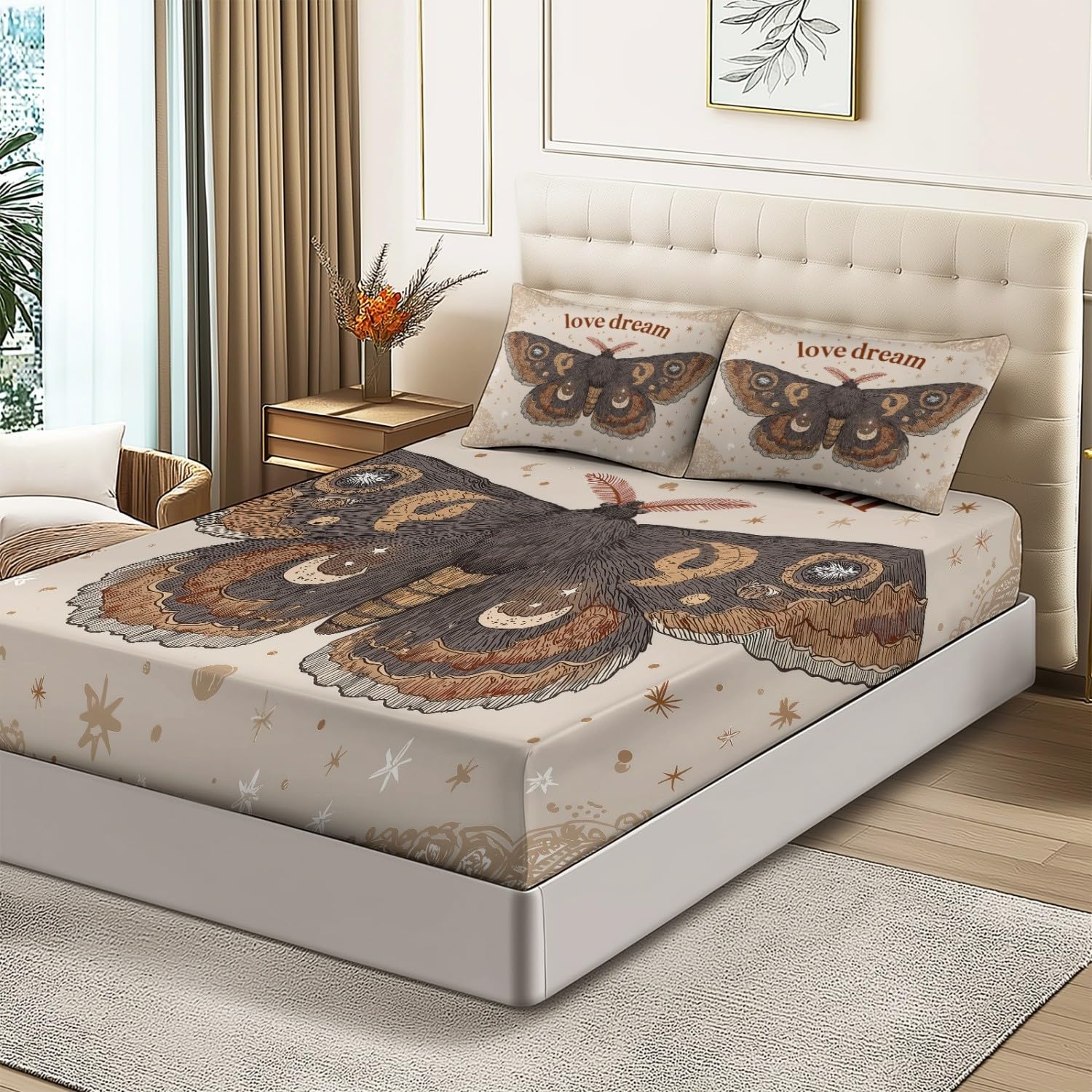 Drap-Housse Bohème Rétro Papillon Étoiles pour lit Double, Brun Motif Microfibre Doux avec Bord élastique, 150 x 200 cm Parfait pour Chambre d'enfant - Draps Housses Bonnet 30cm