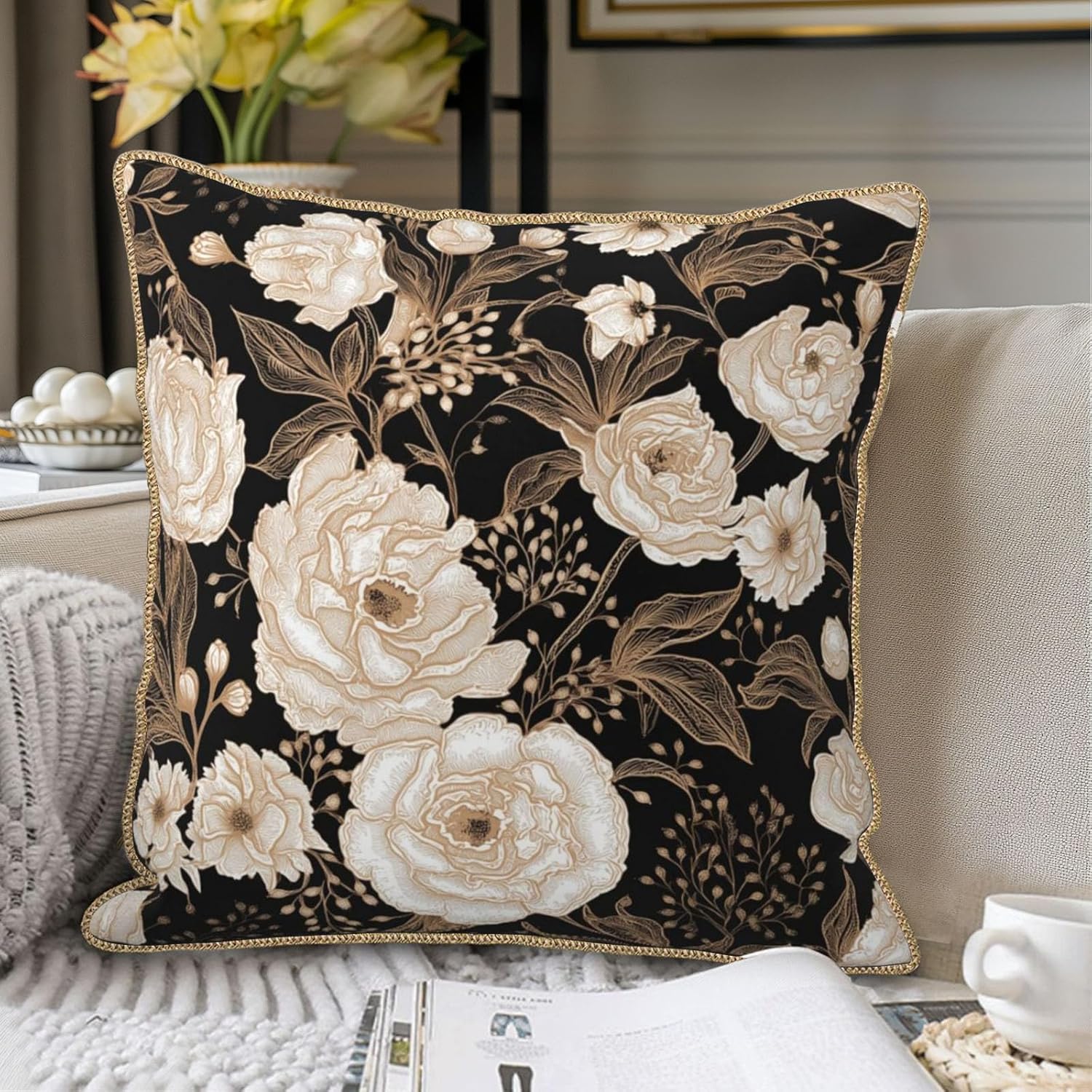 Vintage Peonies Roses Flower Velvet Pillow Covers 18x18 Inch Gold White Aesthetic Floral Leaves Throw Pillows For Couch Cushion Covers Pillowcase Farmhouse Pillow Cases for Sofa Bed Living Room - Image 2