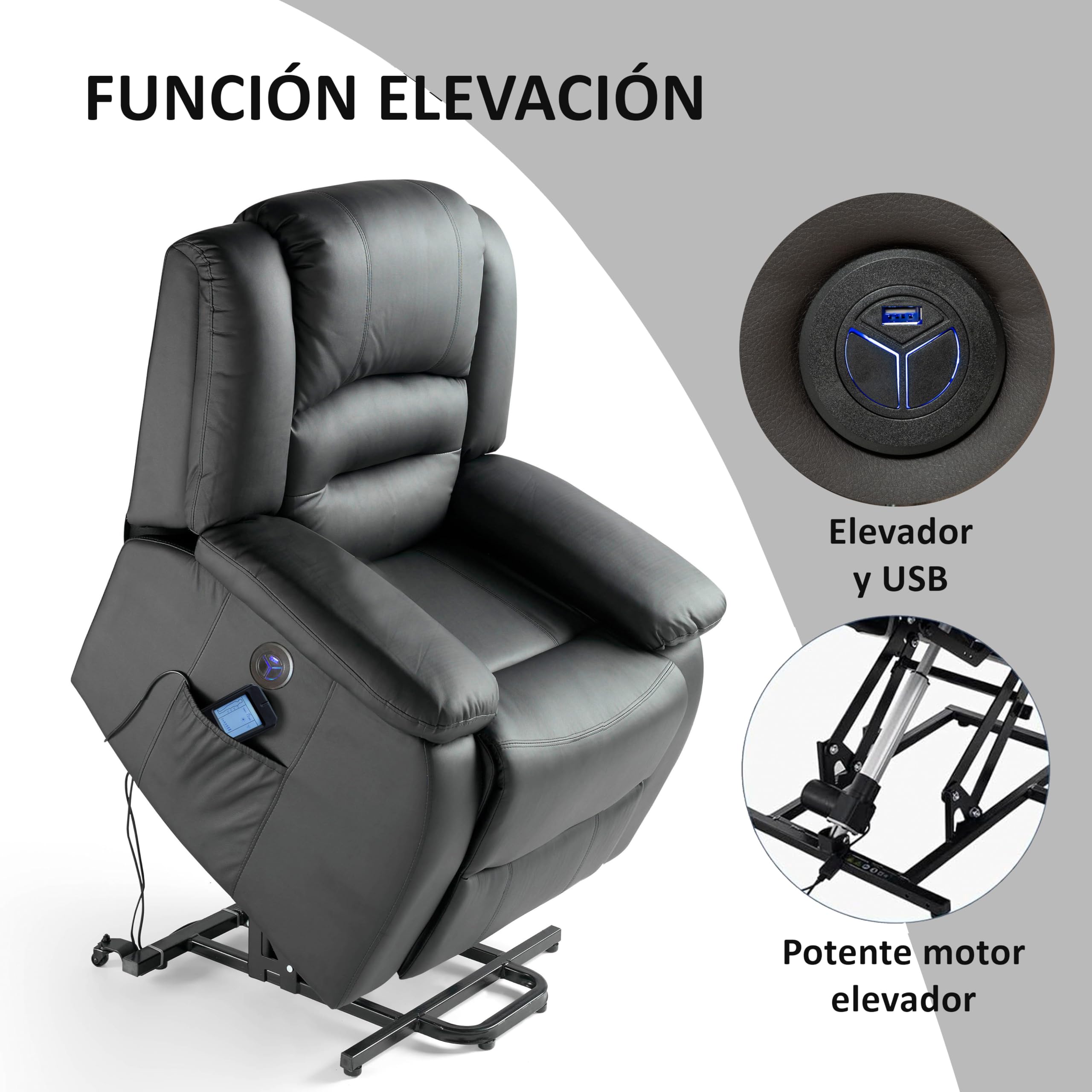 ECODE® Sillón Relax Reclinable Electrico de Cuero PU con Levanta Personas, 10 Vibro Motores, Calor Lumbar, 9 Modos de Masaje, Mando, Temporizador Personas Mayores