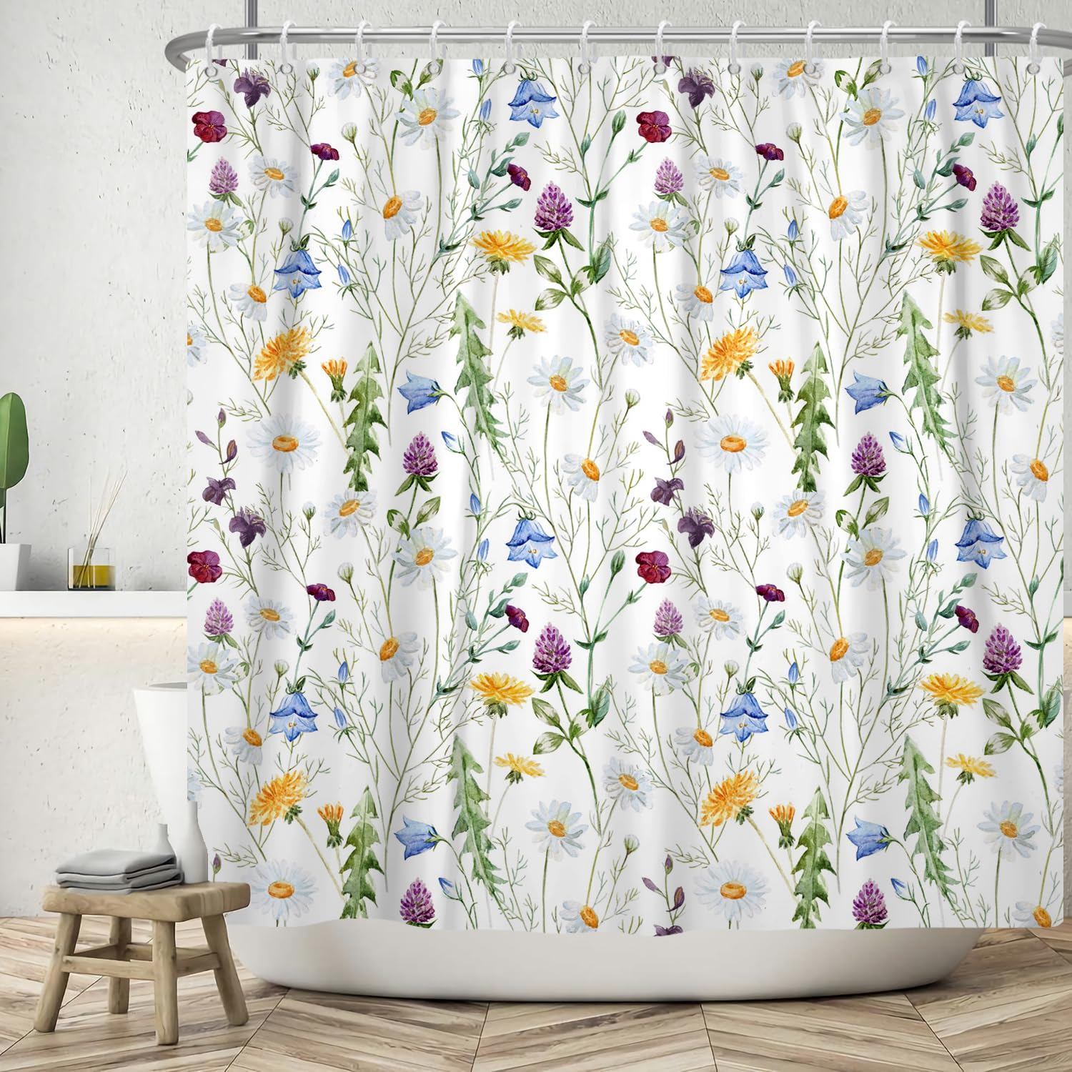 ASDCXZ Flower Shower Curtain 180x180 cm, Spring Blue Yellow Purple White Colorful Flowers Green Leaves Washable Shower Curtains Polyester Textile Waterproof Bath Curtain for Bathtub with 12 Hooks