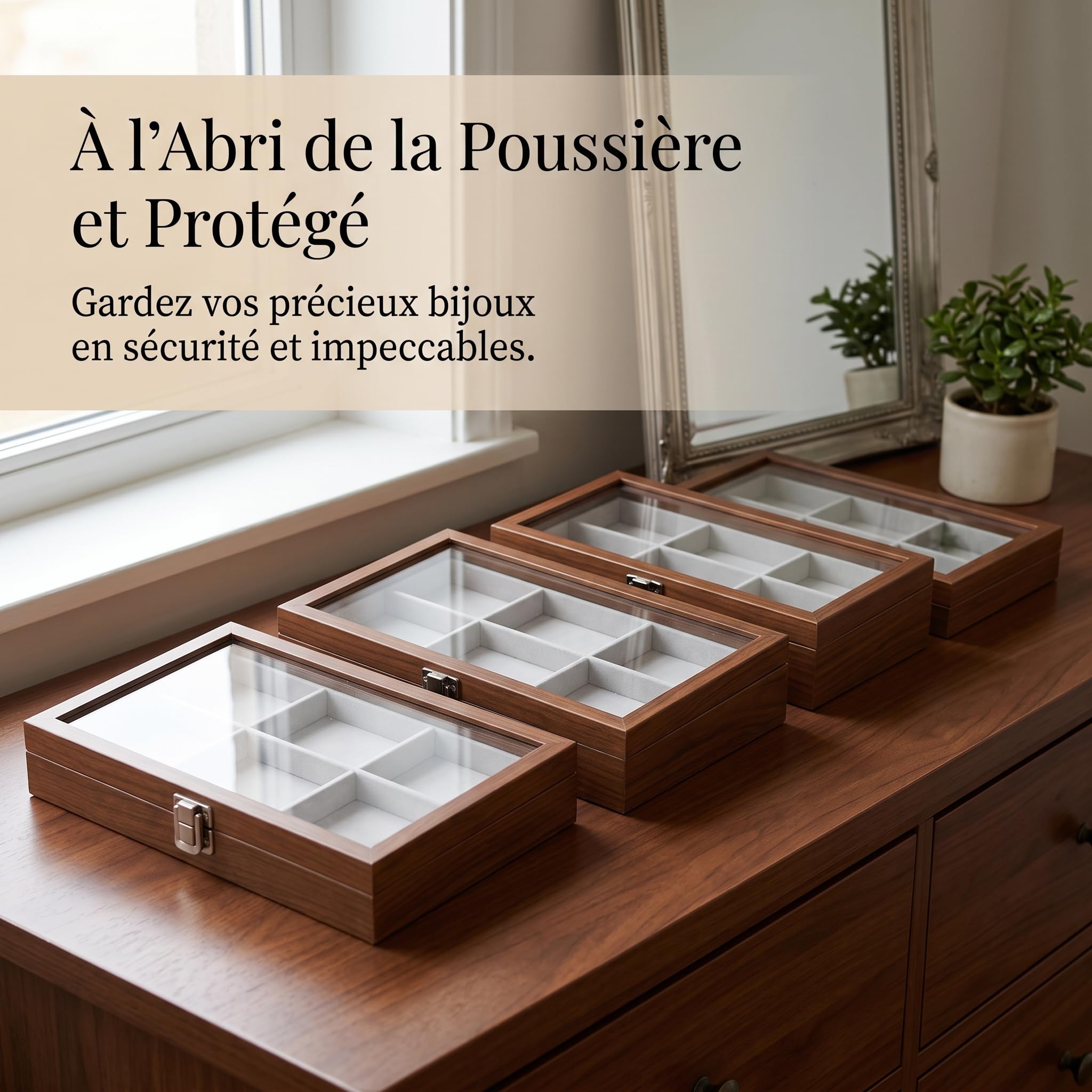 Boîte à bijoux en bois avec couvercle en verre, organisateur bijoux d'affichage pour montres et bagues, Rétro, Douze compartiments