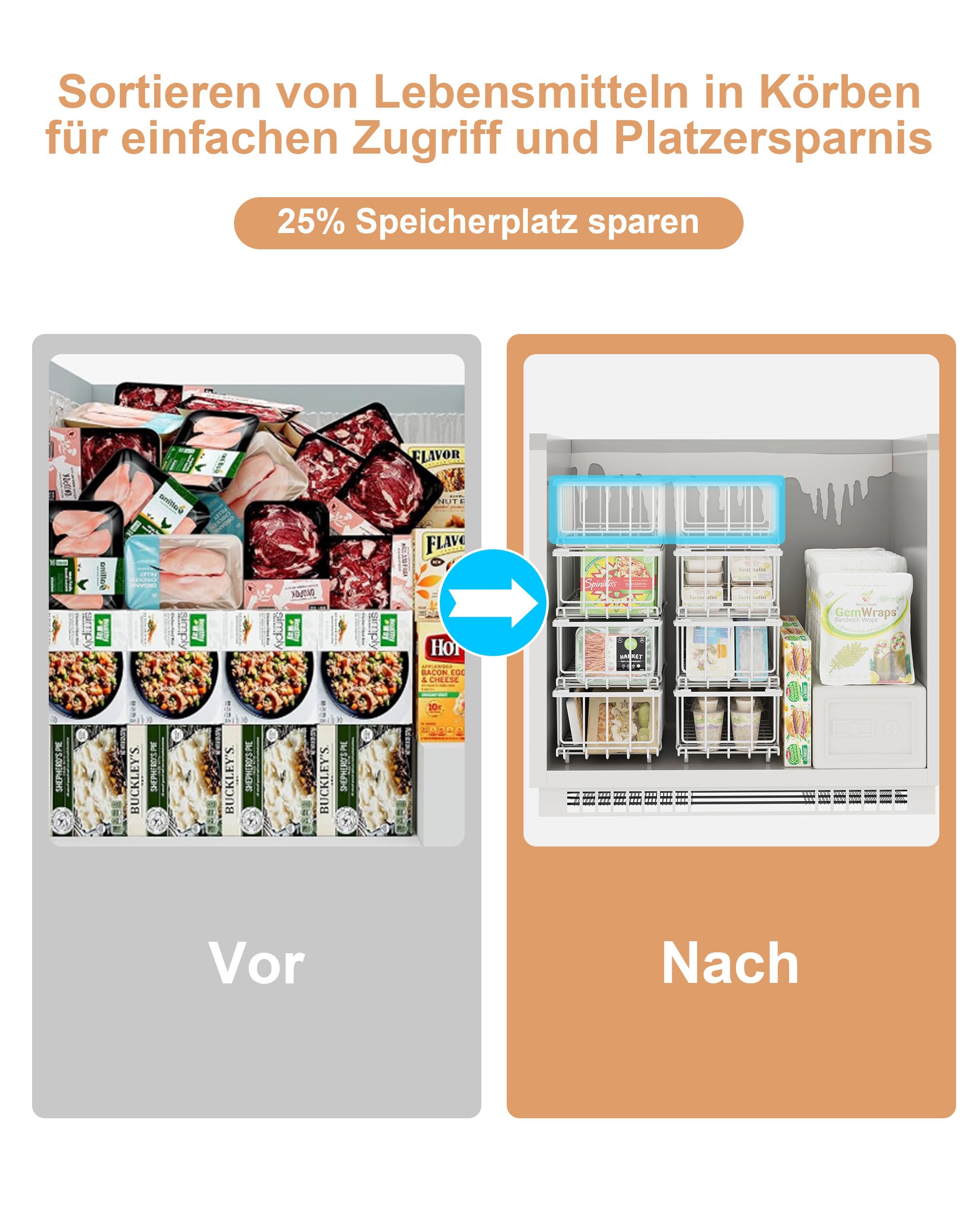 UMDONX Gefrierschrank Organizer Behälter, 8er Stapelbare Metallkorb Gefriertruhe Körbe für 198L,Gefrierschrank Gefriergut Sortieren, Einfacher Zugriff auf Tiefkühlkost Weiß(37x18x15cm)