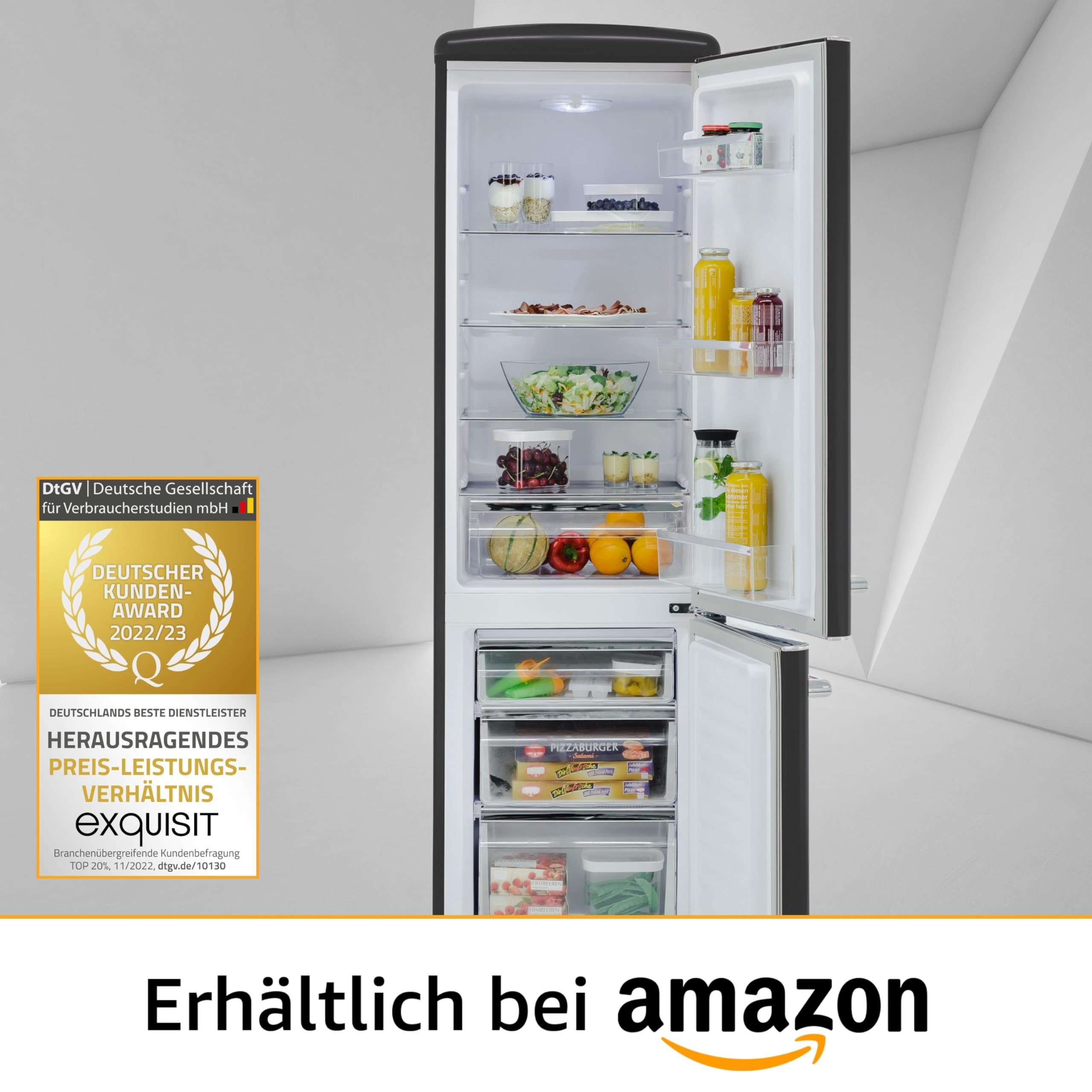 Exquisit® Frigorífico Combi Retro, 244L, Clase E, Color Negro Mate, Estantes de Cristal, Altura Regulable, Cajon Verdulero, Ruedas Traseras, Luz interna, Consumo 202 kWh/año, Medidas 183x54,5x57,5 Cm. | Frigorífico retro de 244 L, color negro, asas cromad