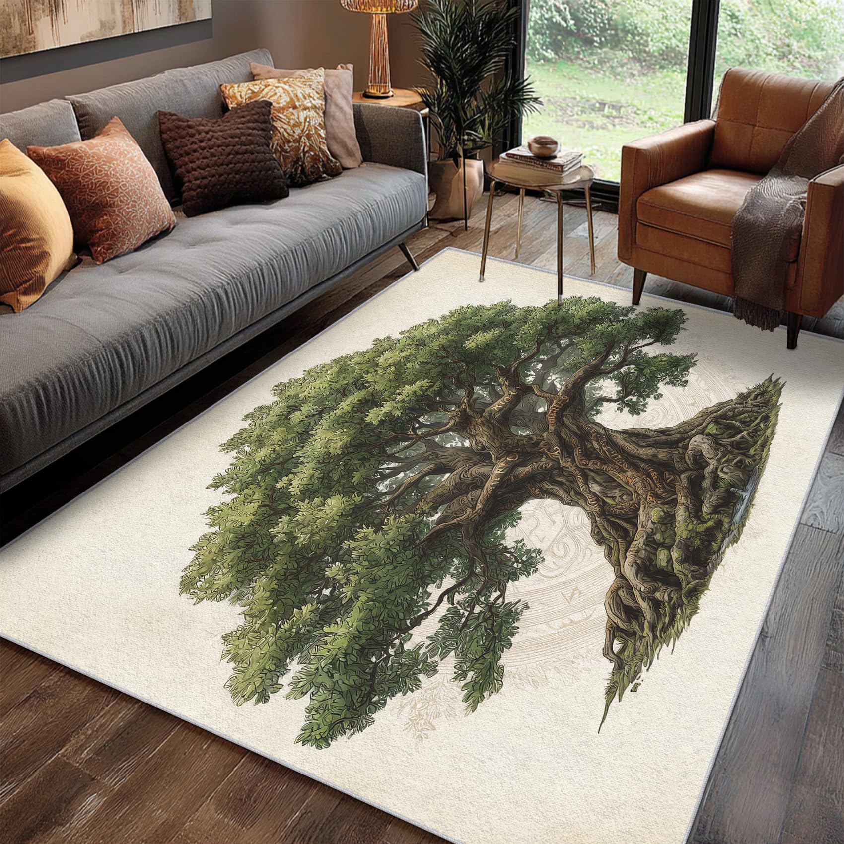 Tree of Life Rug for Living Room 160 x 230cm, Viking Rune Ancient Plant Rugs Non Slip Low Pile Washable for Bedroom Kitchen, Tree of Life Decor Carpet Home Accessories