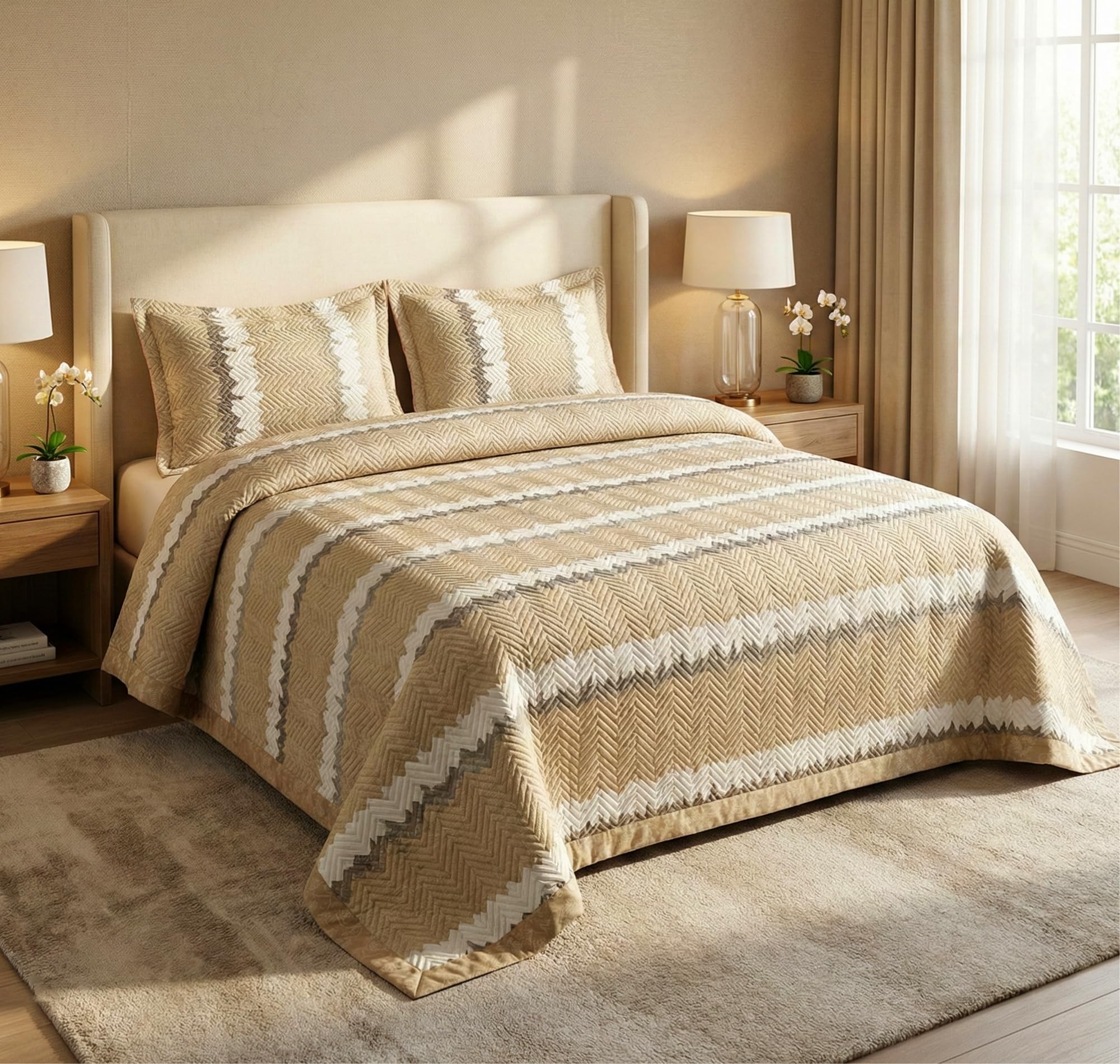 All-Weather Embroidered 3 Pcs Comforter Set with Pillow Shams- Light Weight Bedspread/Duvet/Quilt - Double, 150 GSM | Beige & White