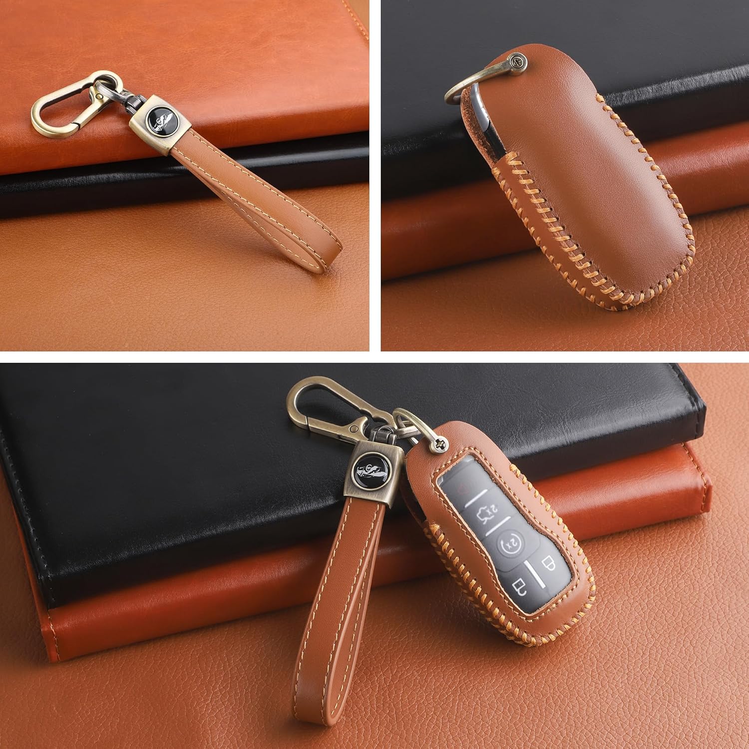 for Ford Key Fob Cover with Keychain, Leather Car Key Case Full Protector Fit for Explorer Mustang Fusion F150 Edge Lincoln MKZ MKC Nautilus, Brown
