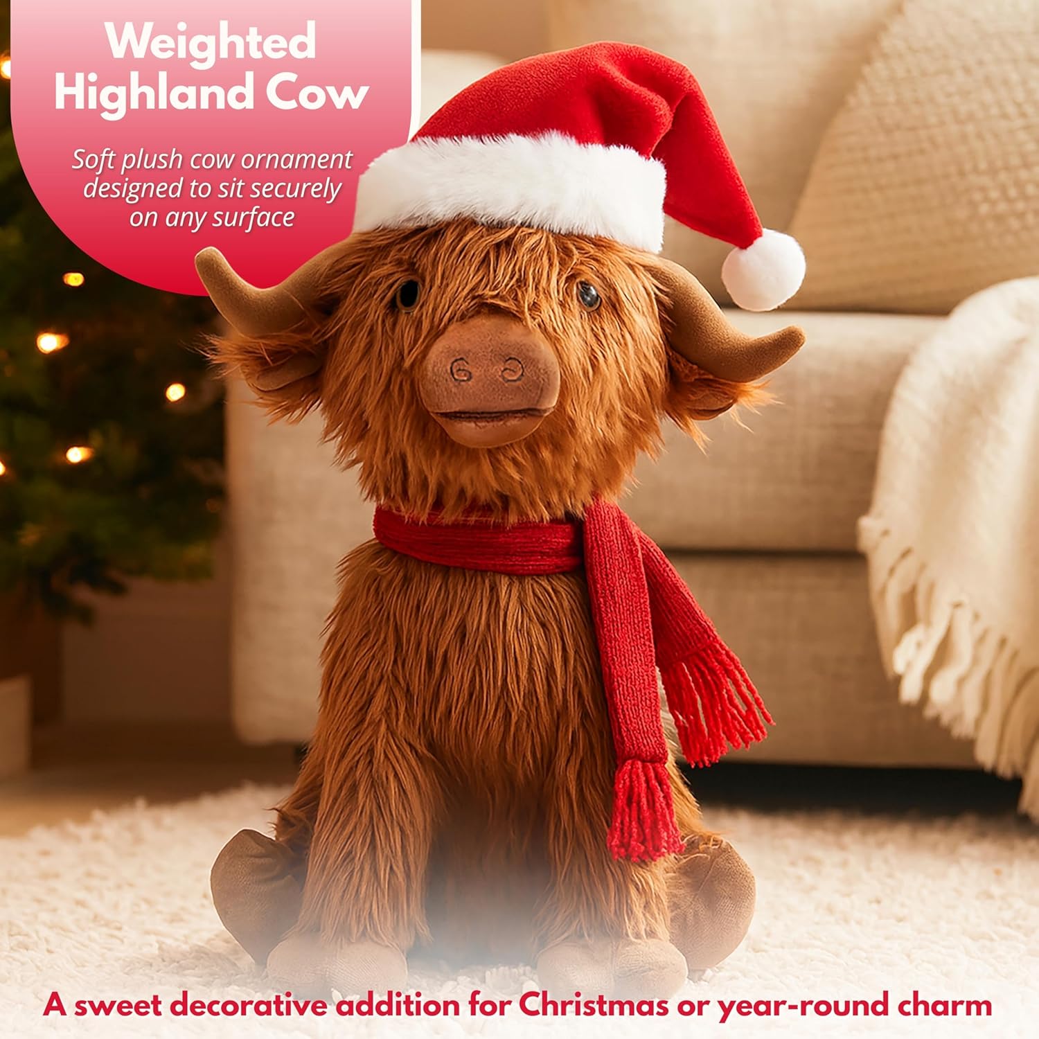 Marco Paul Large 33cm Luxury Plush Christmas Highland Cow Ornament with Santa Hat Indoor Red Xmas Decor and Doorstop Freestanding Christmas Novelty Figurine