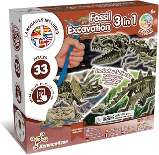 Science4you Dino Ausgrabungsset Dinosaurier Fossilien 3 in 1 - Spielzeug für Kinder ab 5 6 7 8 9 10+ Jahre Ausgraben und Bauen 3 Dinosaurier 37-teiliges: T-Rex & Triceratops & Stegosaurus