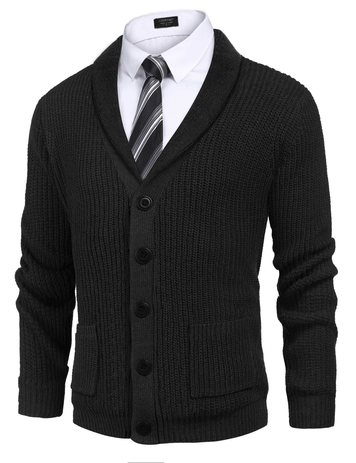 COOFANDY Men's Shawl Collar Cardigan Sweater Slim Fit Cable Knit Button up Sweater with Pockets