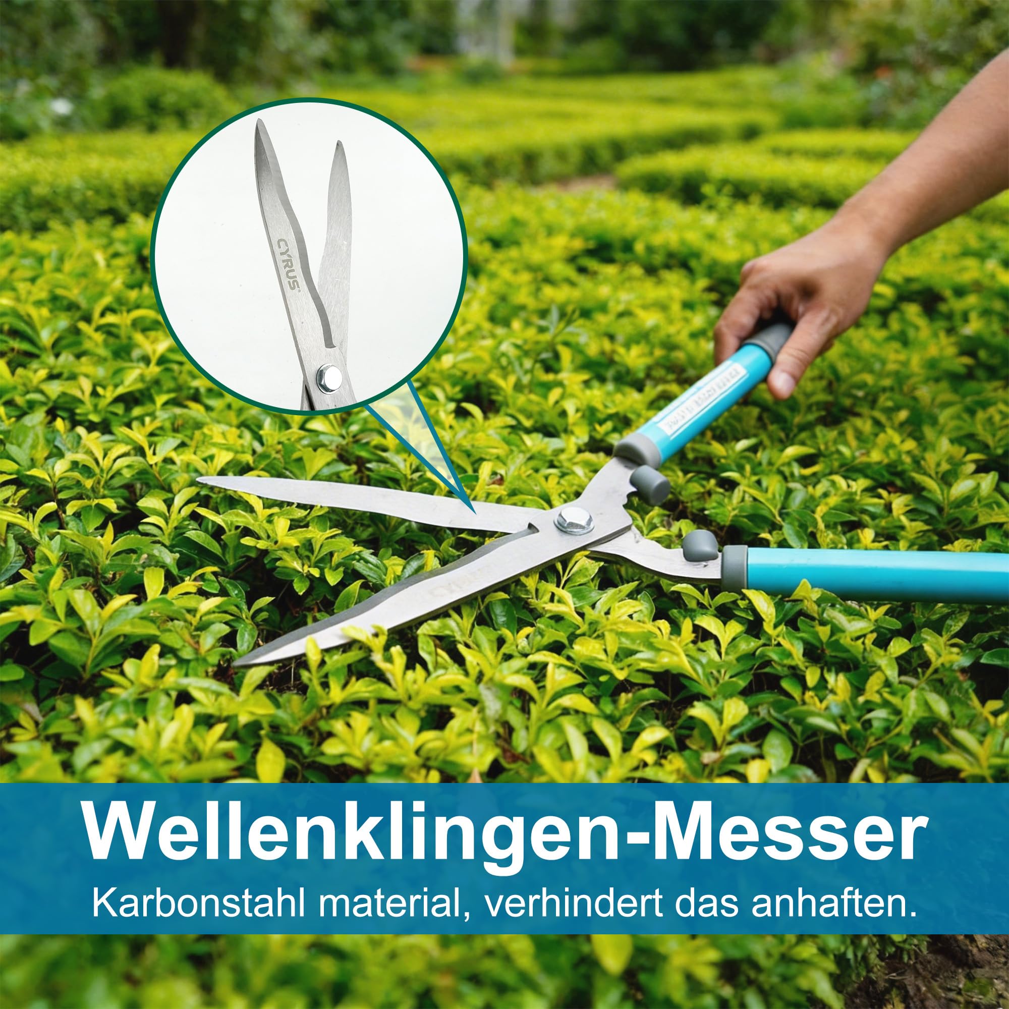 CYRUS heckenschere manuell,Hochwertige Wellenschliff-Stahlklinge,ergonomischer rutschfester Griff,Ideal für Garten-Heckenschnitt an Rabatten und Sträuchern,Länge 52cm