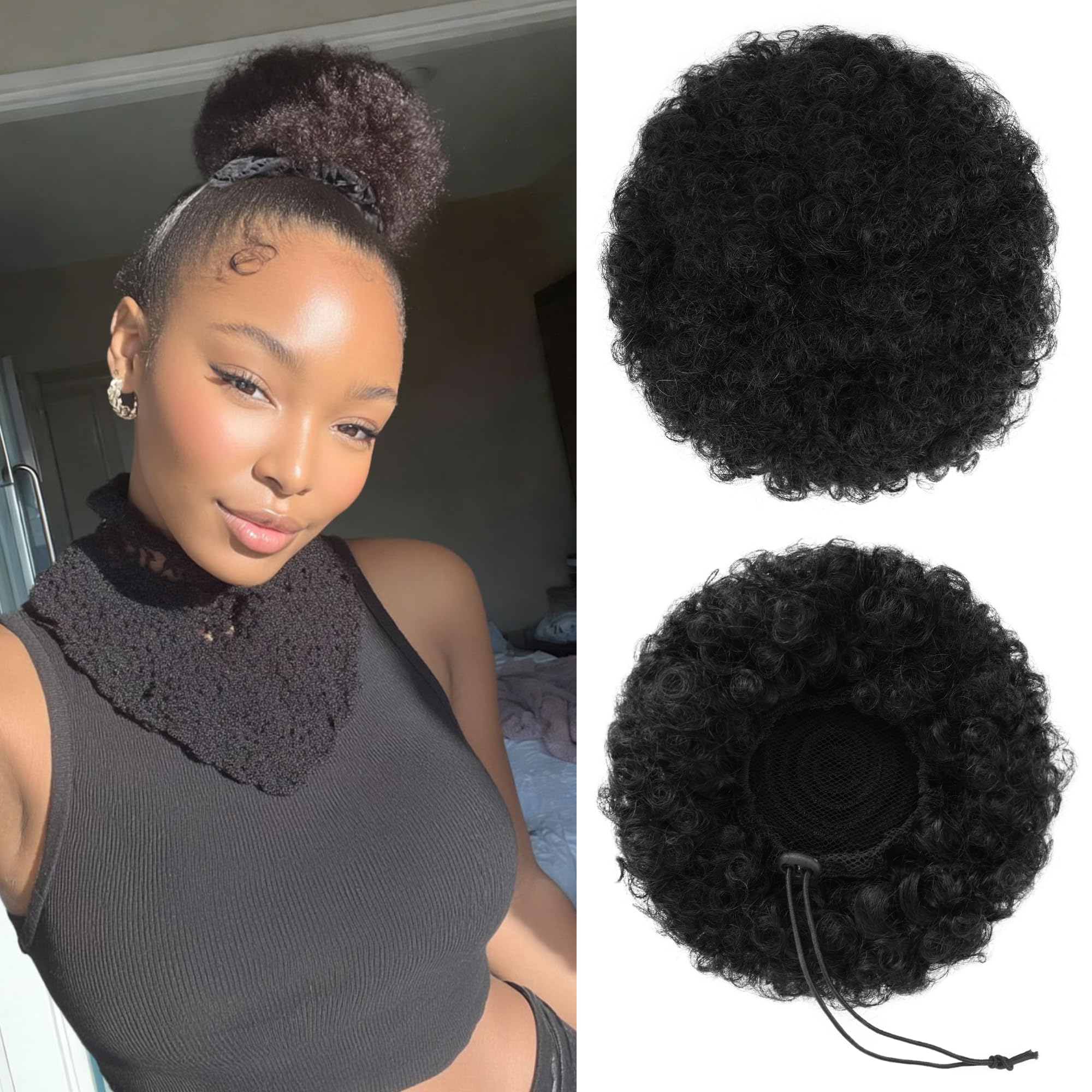 Photo 1 of Sidaila Human Hair Afro Puff Drawstring Ponytail, 1B Natural Black, M Size
