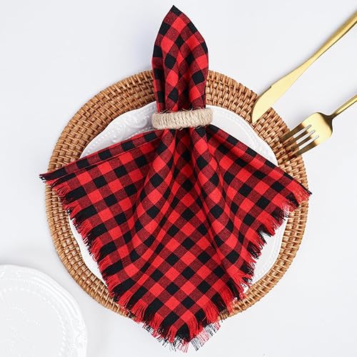 Servilletas de tela a cuadros, 18.5 x 18.5 pulgadas, juego de 6 servilletas de tela de algodón a cuadros a cuadros hechas a mano con flecos,