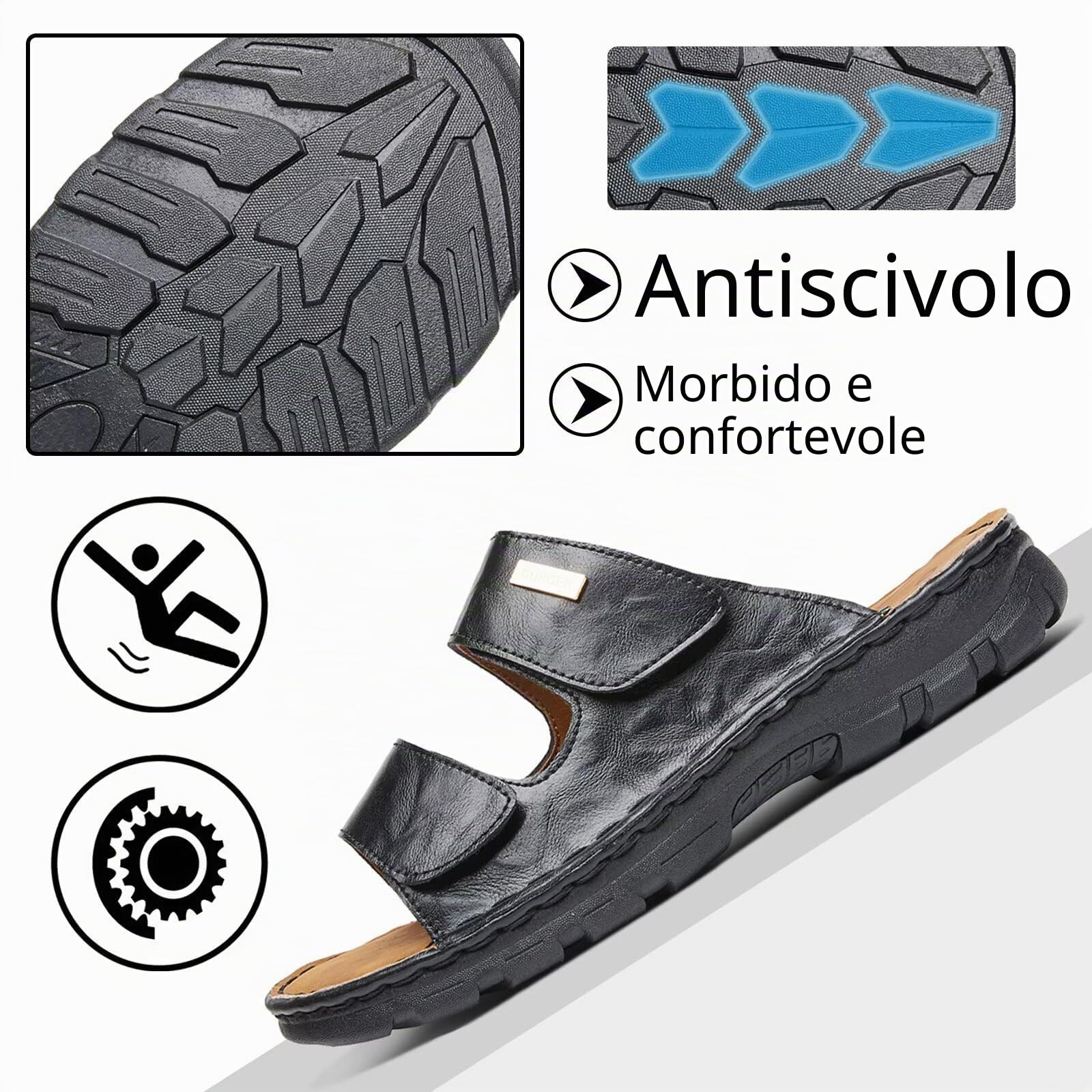 Sandali Uomo Pelle con Doppio Strappo Regolabile, Ciabatte Uomo Estive Aperte, Scarpe Comode Antiscivolo per Casa, Spiaggia, Vacanze e Tempo Libero