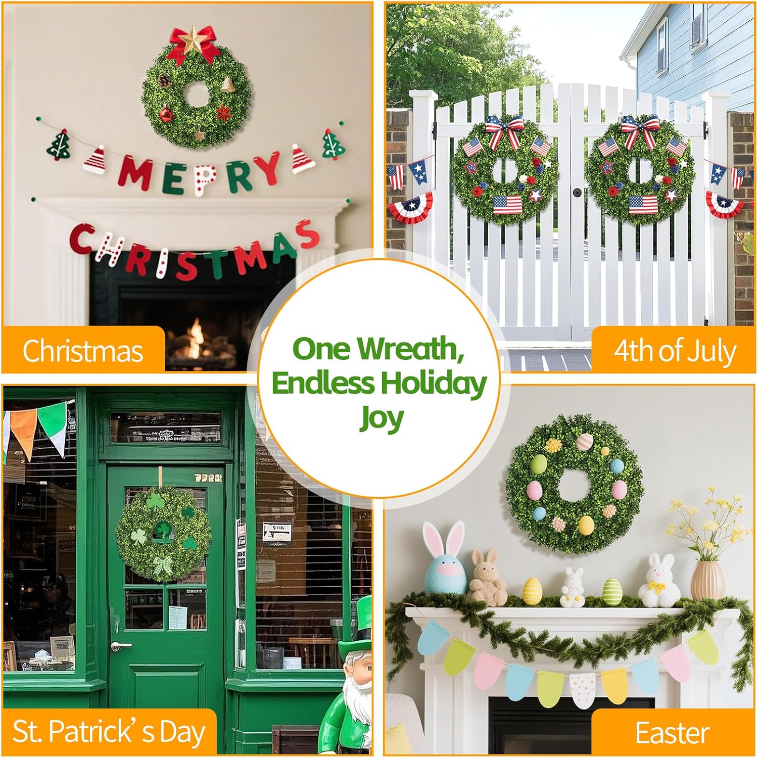 Artificial Boxwood Wreath for Front Door – Preserved Green Wreath for Spring, Fall, Christmas & Holiday Decor – UV-Resistant for Indoor & Outdoor Use (1, 24")