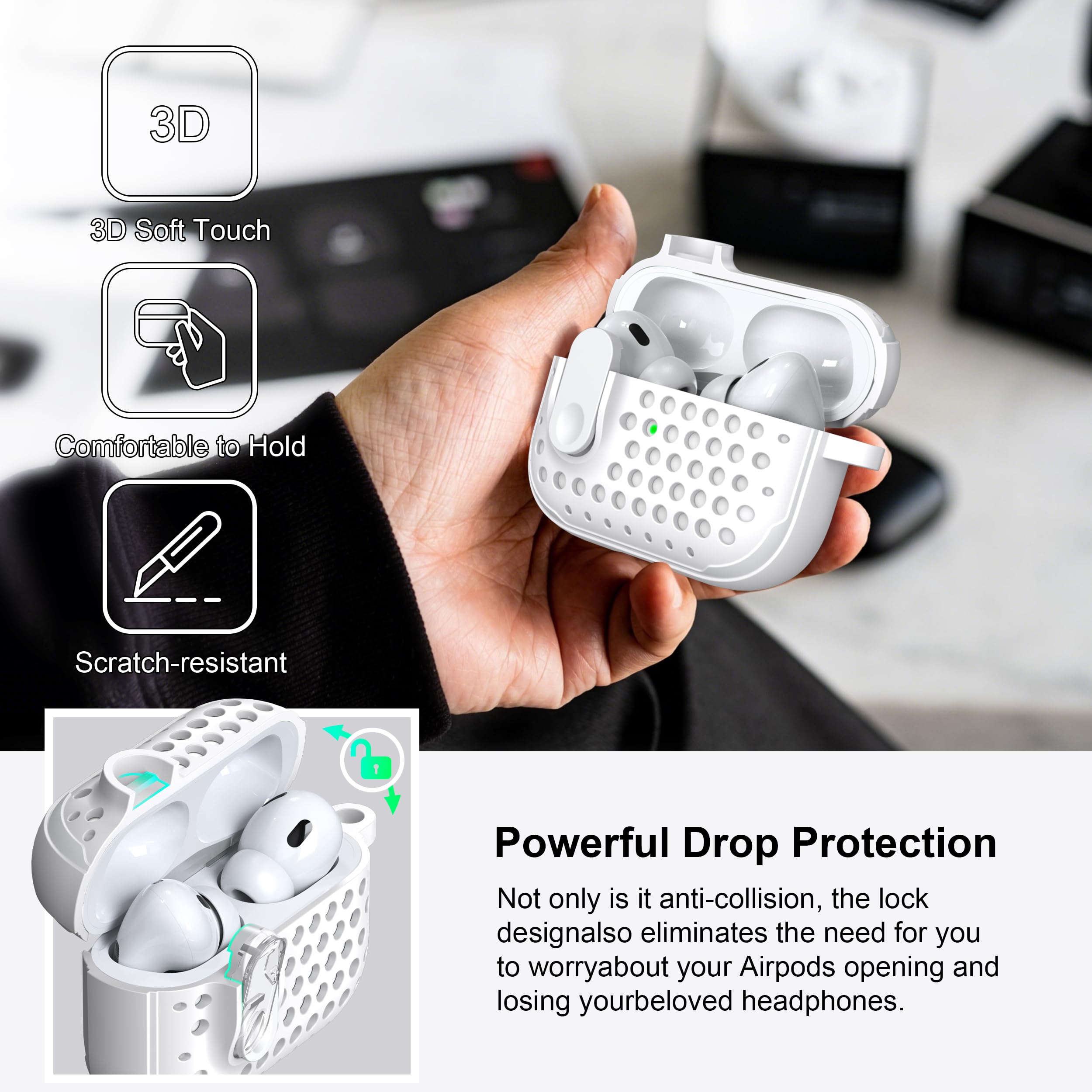 RFUNGUANGO AirPods Pro Second Generation Protective case with Cleaning kit, Anti-Fall Lock Design, Personalized Hollow Style - Pure White