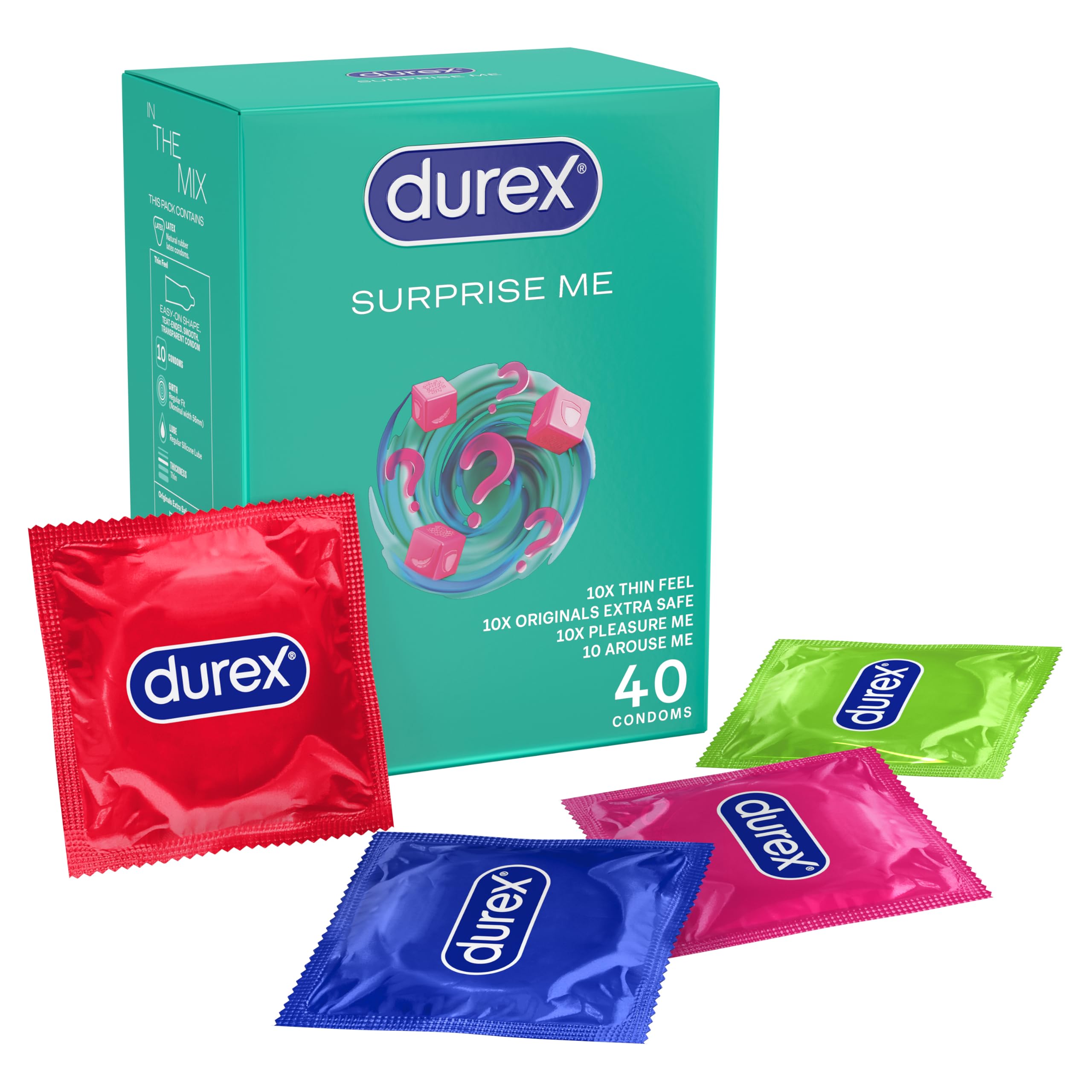 Durex Surprise Me Variety Pack, 40 Condoms, Close Fit & Regular Fit