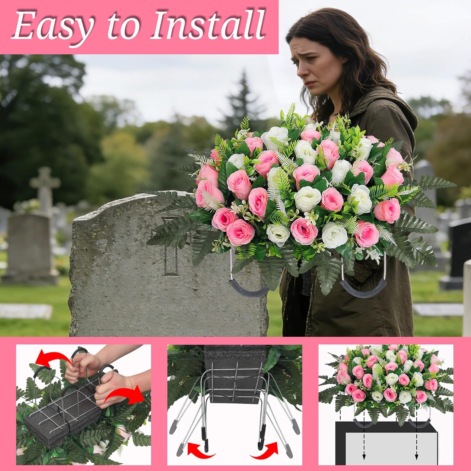 Artificial Cemetery Flower Saddles Cemetery Flowers for Grave Memorial Grave Flowers with Vases for Cemetery Decoration - Image 7