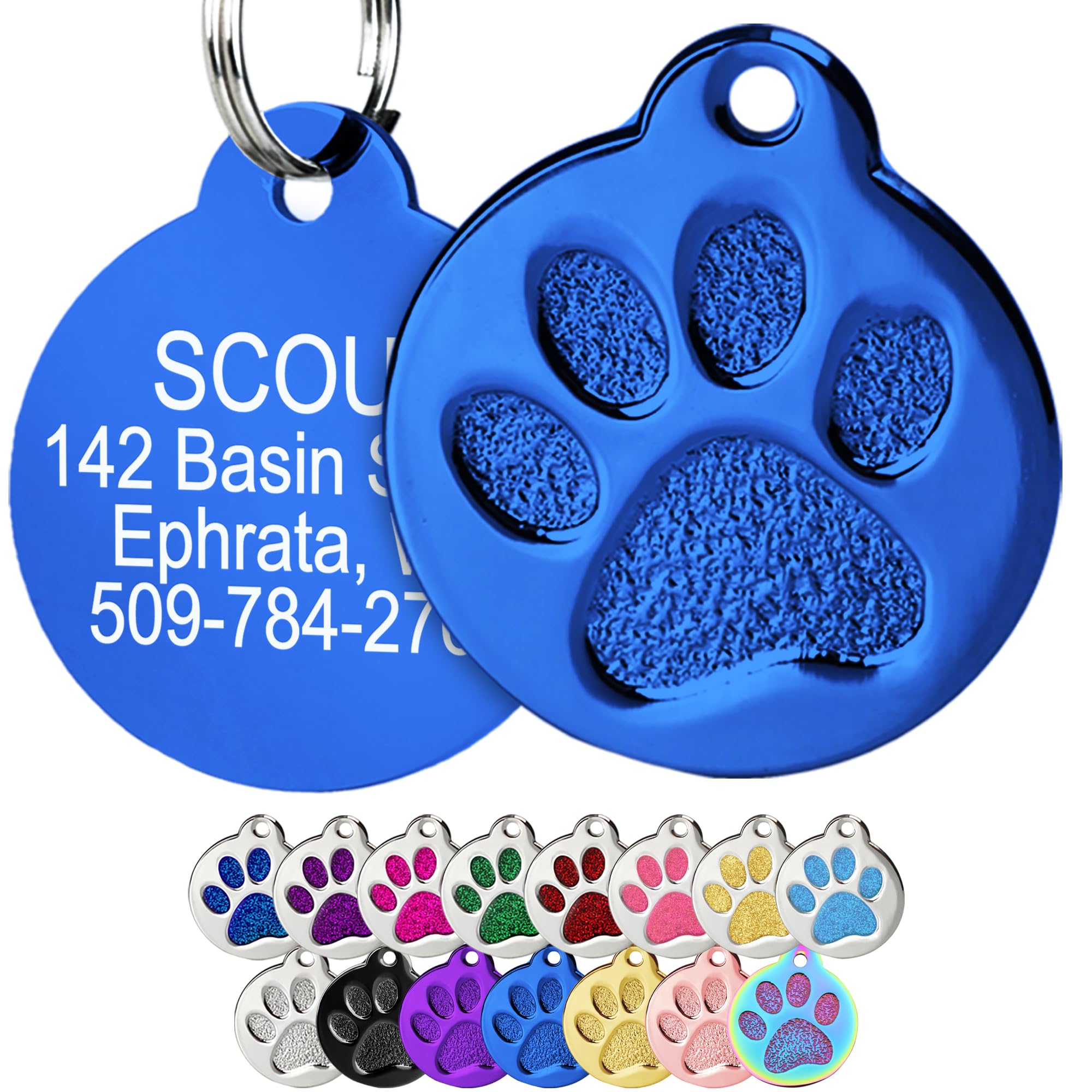 GoTags Paw Print Round Stainless Steel Pet Tag for Dogs and Cats, Personalized with 4 Lines of Custom Engraved ID Name and Number, in Stainless Steel