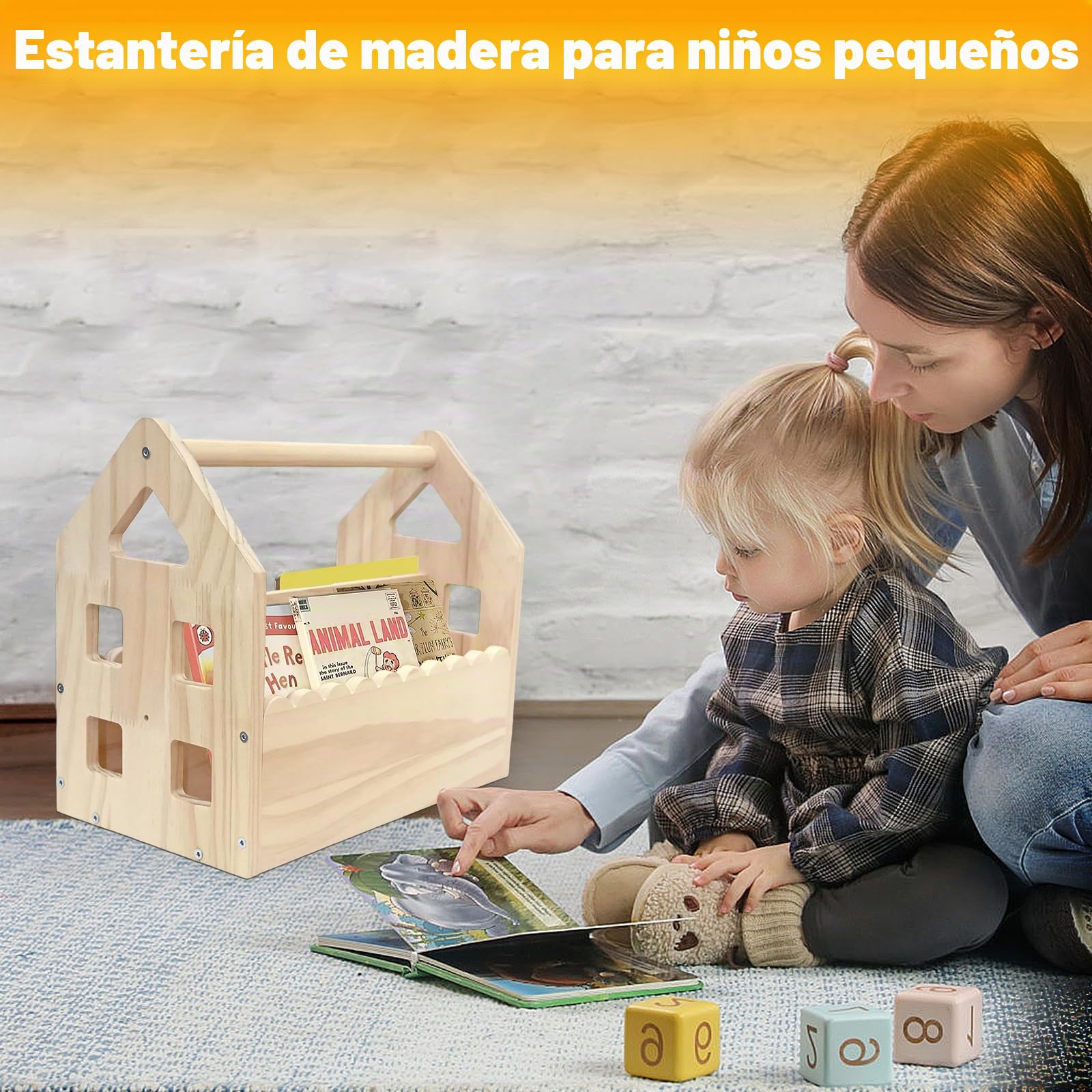 Estantería infantil de madera de pino Montessori, con asa, 2 estantes, pequeña, para habitación infantil, organizador de juguetes, 29,5 x 30,5 x 20 cm