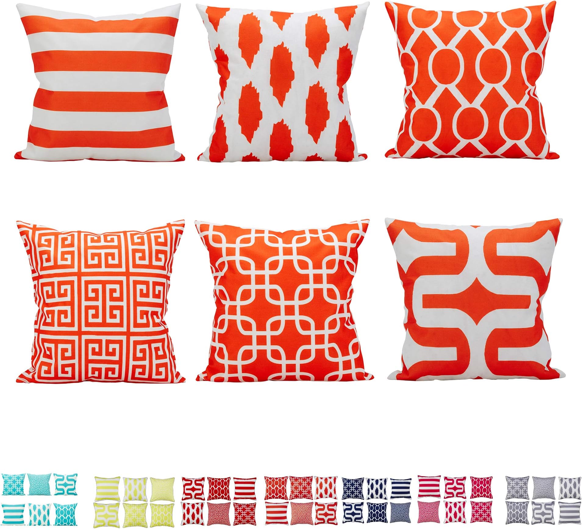 Comoco Set of 6 Coordinated Geometric Digital Printing Decorative Throw Pillow Case Cushion Cover 18" x 18" 45cm x 45cm-Orange