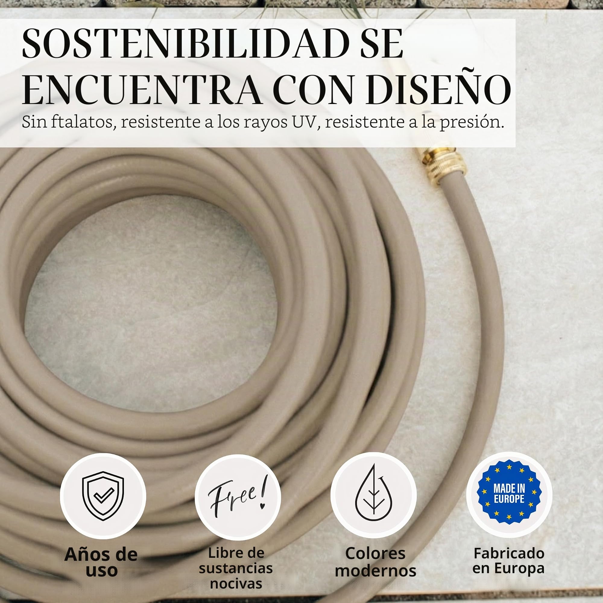 LIVLIG Manguera Jardin 20m – Manguera de Riego Flexible, 60% Reciclado, Resistente UV, Antitorcion, 1/2 Pulgada, Beige