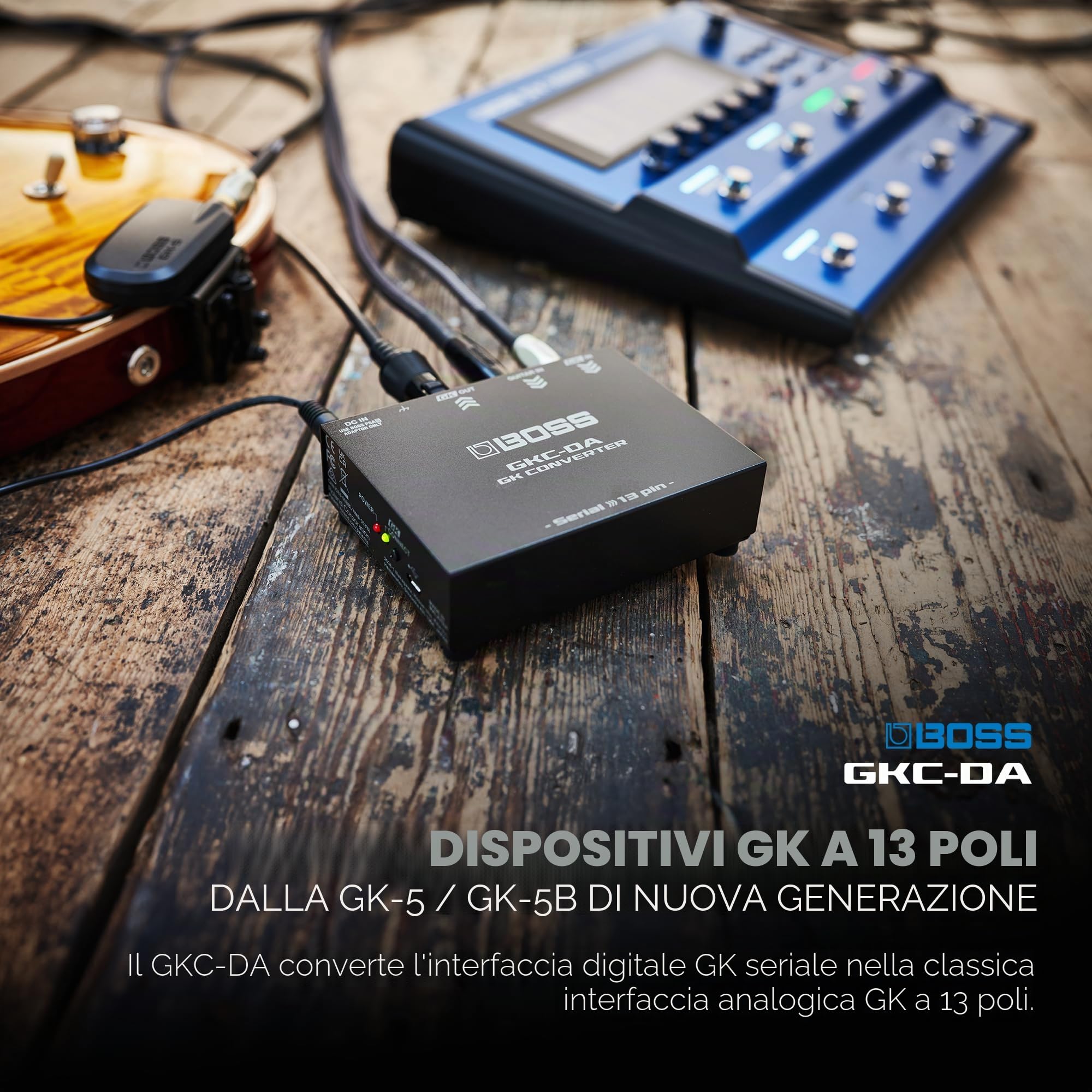 Convertitore GK BOSS GKC-AD | Pilotate l'Interfaccia Serial GK di Nuova Generazione da un Divided Pickup Roland GK-3 o GK-3B | Da Ingresso GK a 13-Pin a Uscita Serial GK