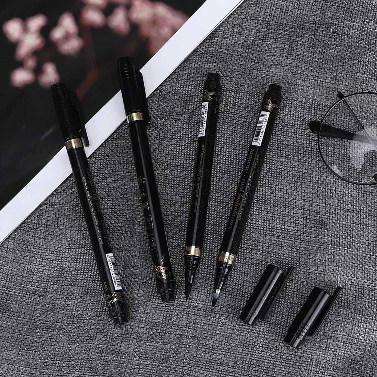 HEEPDD Set 4 Penne A Pennello Per Calligrafia – Inchiostro Nero A Base D'Acqua, Punta Morbida, Per Scrittura, Journaling, Sketch E Illustrazioni