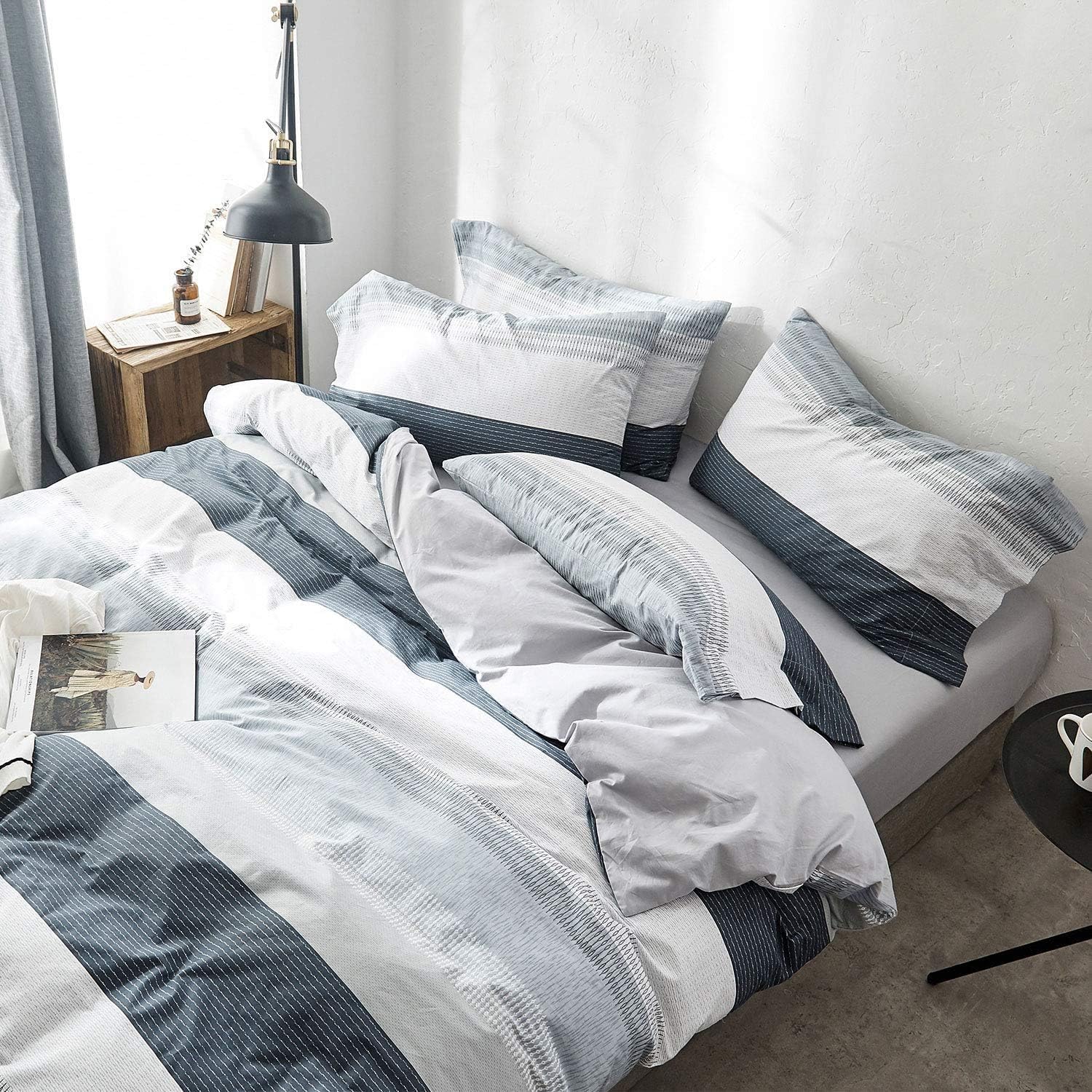duvet cover set twin size 100% cotton gray blue white printed striped style 3piece bedding set (1 duvet cover + 2 pillowcase) twin gray blue white