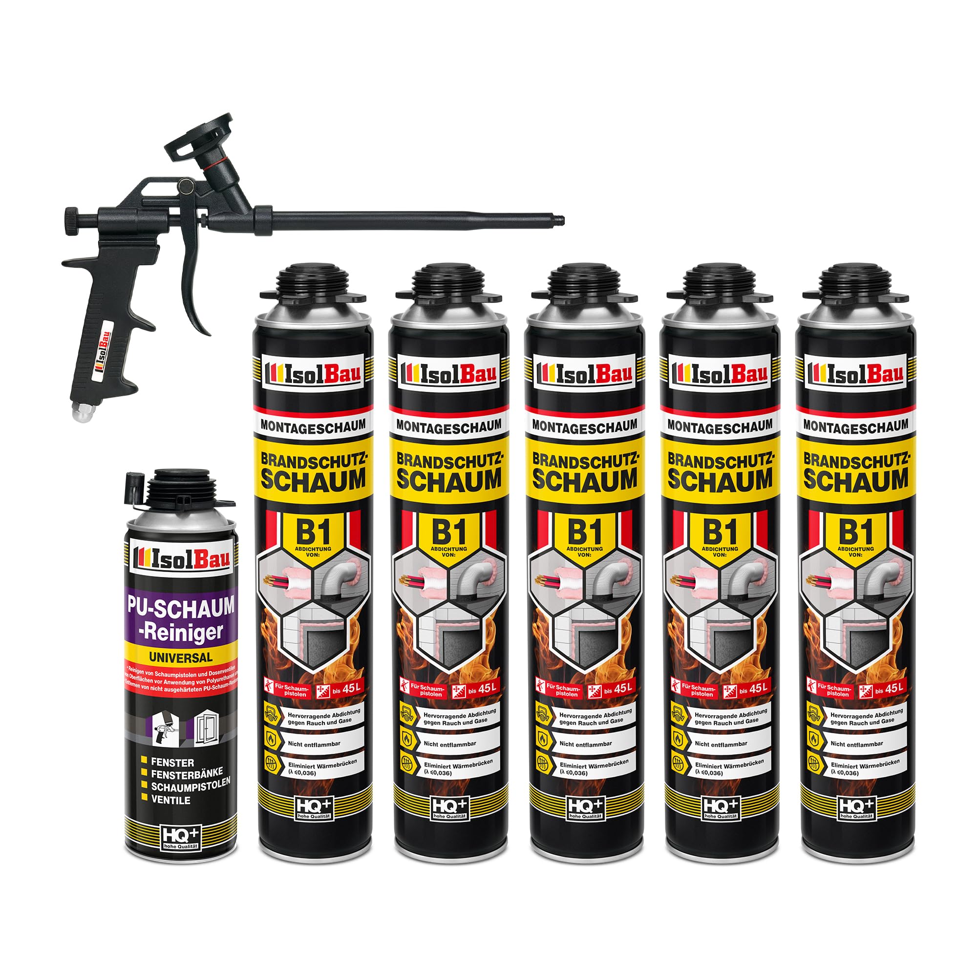 Isolbau - Bauschaum B1 - Montageschaum - PU-Schaum 5 x 750 ml - Pistolenschaum,1 x PU-Schaum-Reiniger & 1 x Schaumpistole - 1K Brandschutzschaum - Dämmschaum - Abdichtung, Wärmedämmung