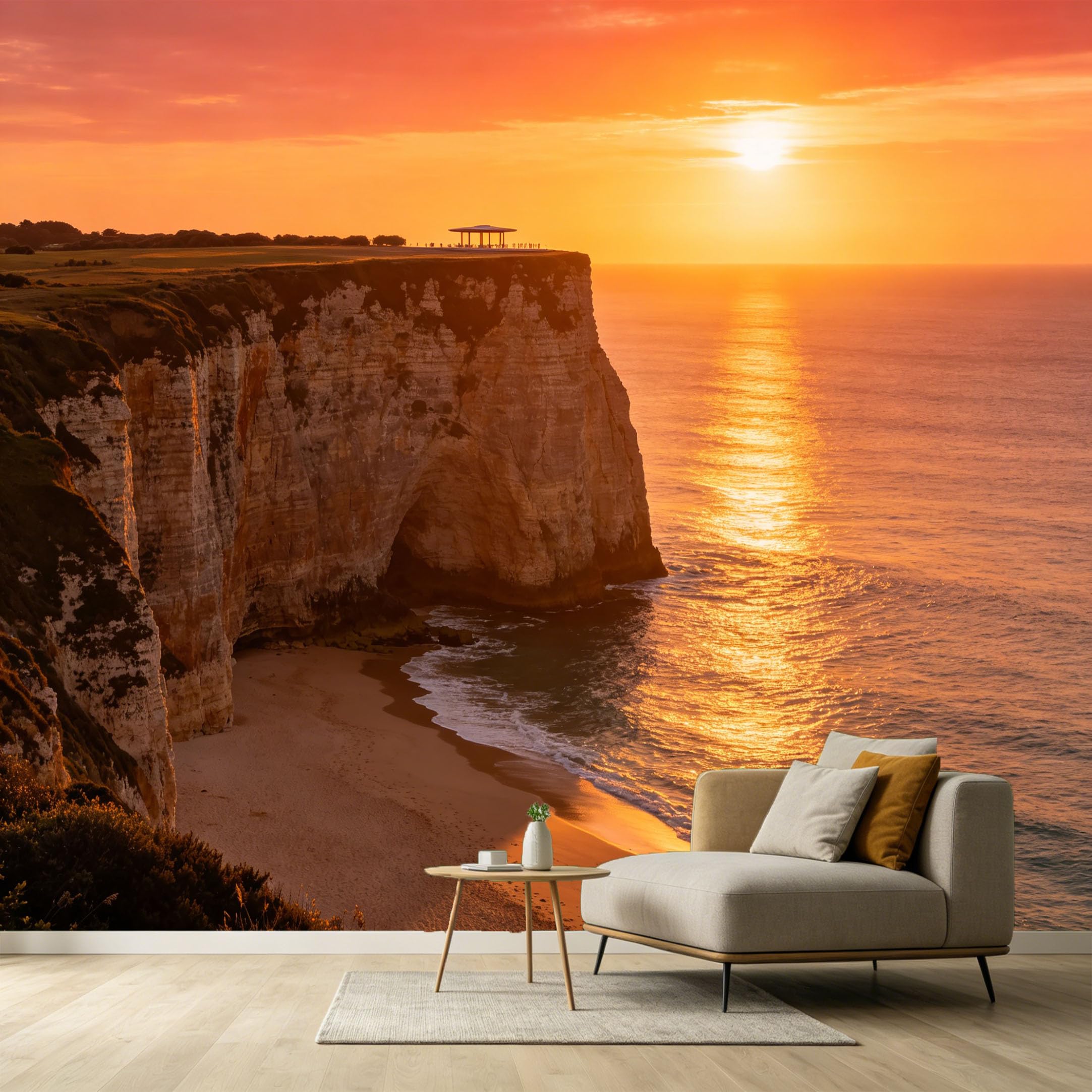 Custom Size Wall Murals Sunset Coastal Landscape Ocean Marine 3D Trompe L'Oeil Cliff Beach SelfAdhesive Wall Fabric Removable Large Wallpaper for Photo Living Room
