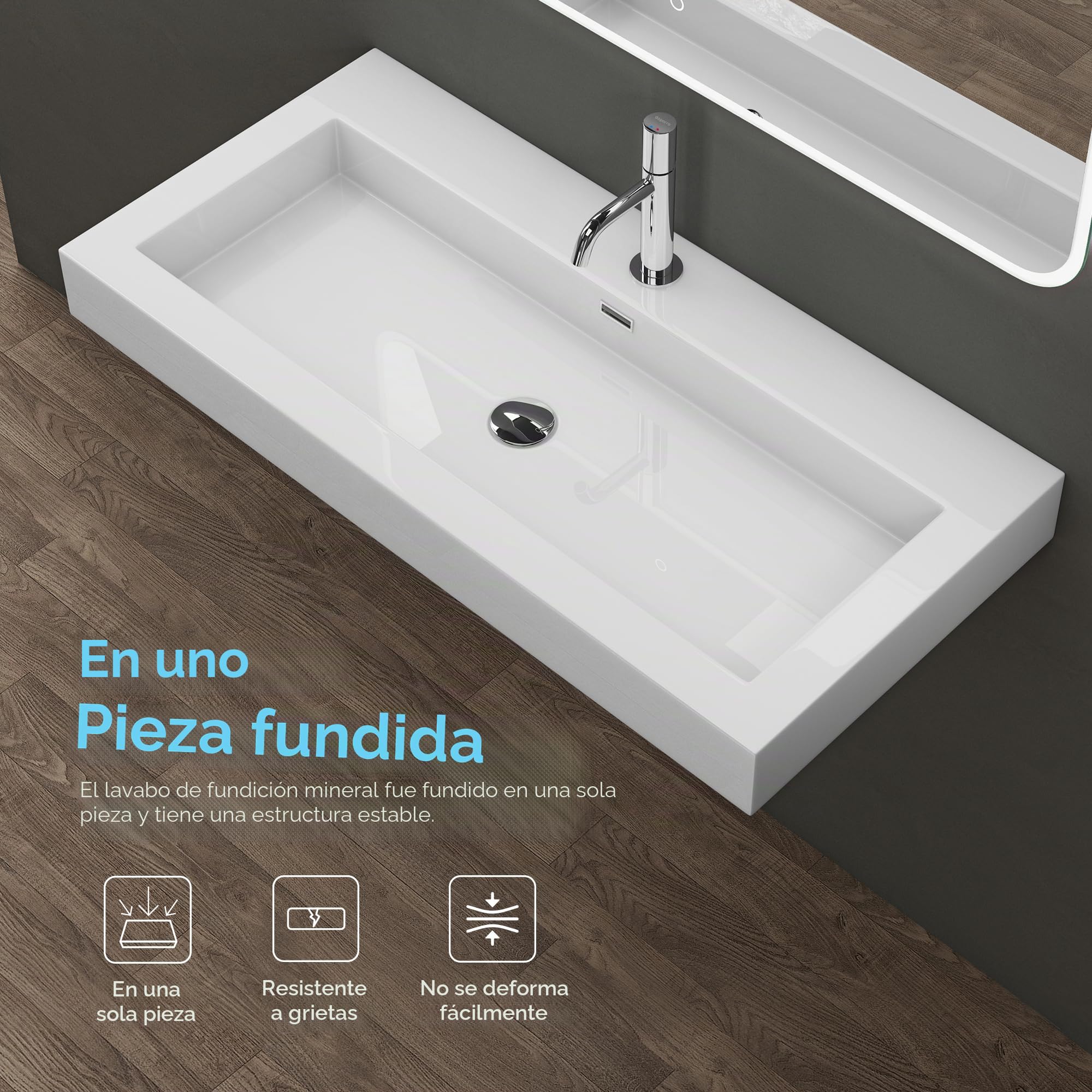 doporro Lavabo suspendido o lavabo sobre encimera blanco cuadrangular para lavamanos Colossum18-730 de 73cm de ancho Lavabo de mármol mineral fundido