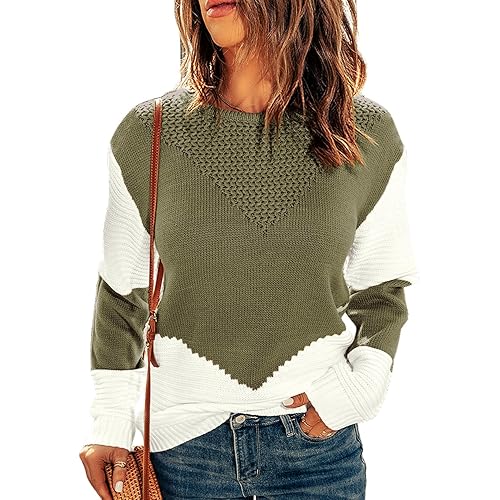 Dokotoo Womens Crochet Crewneck Long Sleeve Pullovers Color Block Tunic Ribbed Sweaters Jumper Tops
