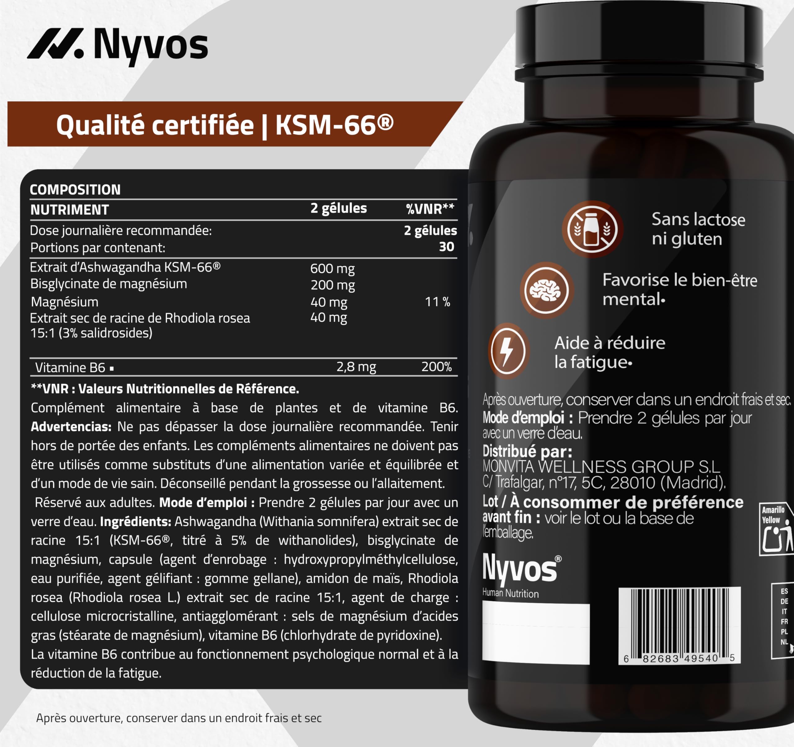 Ashwagandha Blend Ashwagandha KSM-66, Rhodiola, Magnésium bisglycinate, Vitamine B6 – Nootropique et Adaptogène qui aide au Sommeil, à la Clarté Mentale et au Bien-être Général, 60 Gélules – Nyvos