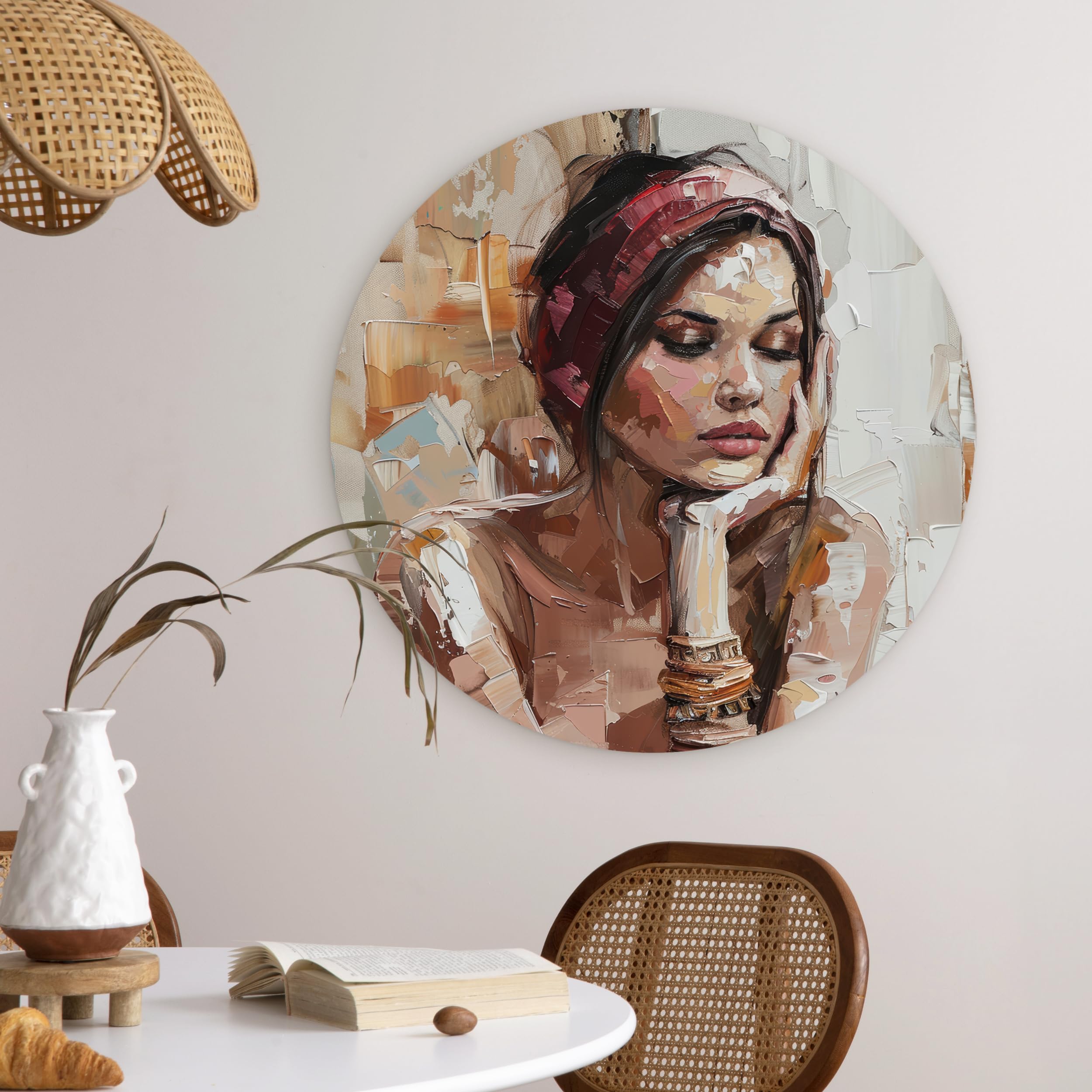MuchoWow© Quadro Rotondo Ø60 cm Salotto Ufficio Cuadro Moderne Finestre Design Murale Bedroom Stanza Fiori Natura Soggiorni Grande Pareti Donna - Sguardo pittorico - Ritratto - Moderno