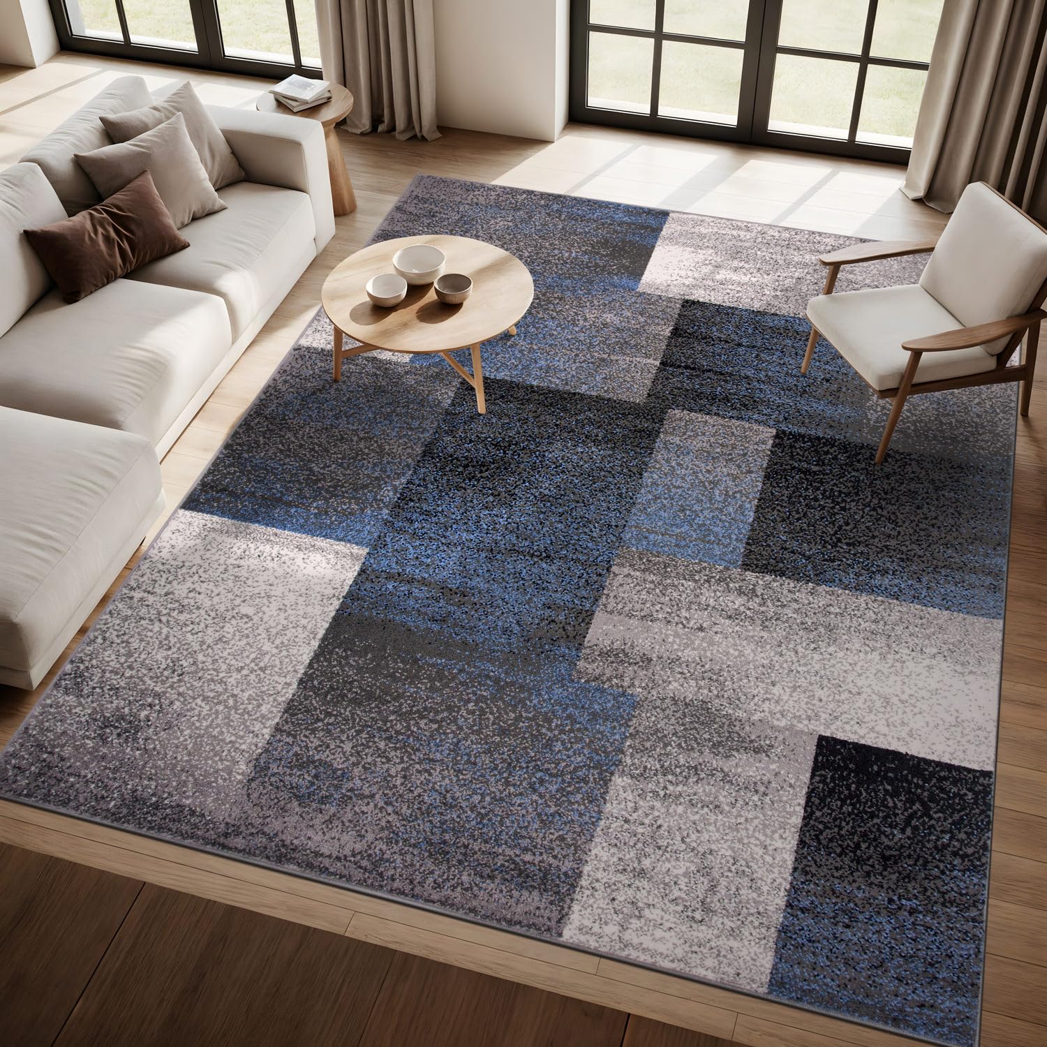 Rugshop Blue Modern Distressed Boxes Large Area Rug — Non-Shedding for Living Room, Office and Dining Room 8' x 10'