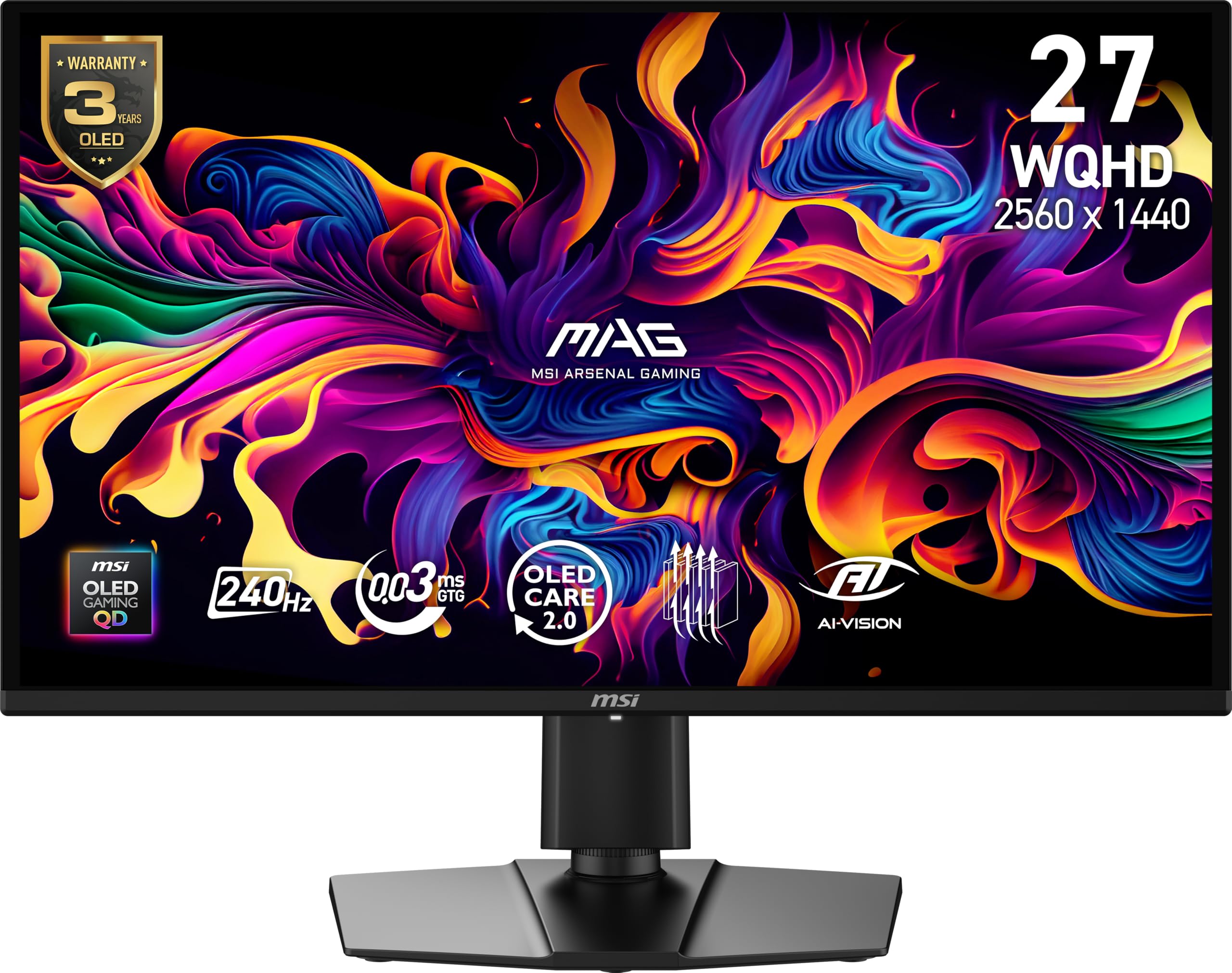msi MAG 274QP QD-OLED X24 27-inch 2560 x 1440 (QHD) Gaming Monitor, 240Hz, Adaptive-Sync, HDMI, DisplayPort, VESA Mountable, Tilt, Height Adjustable, Speaker, 0.03ms, Black