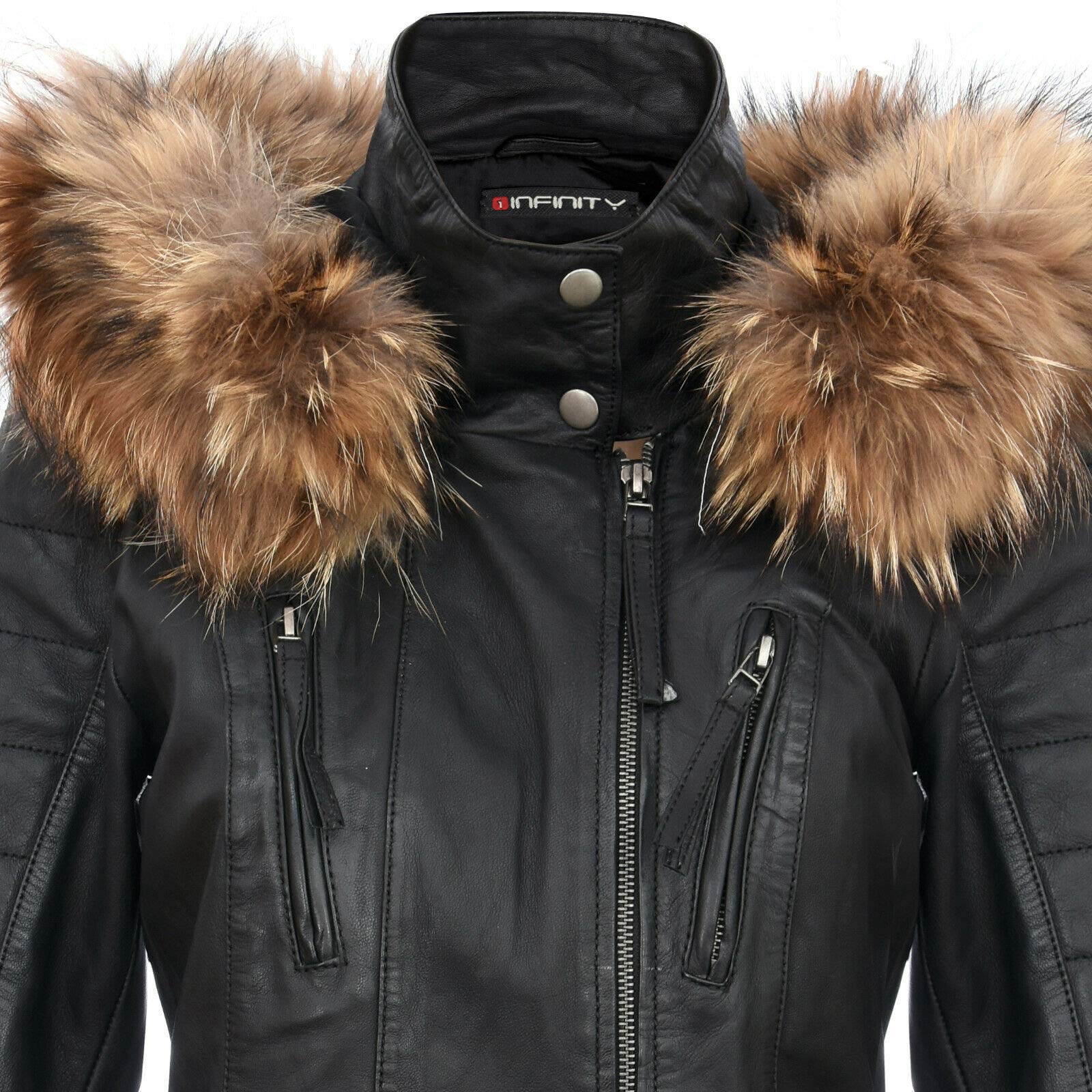 Infinity Leather Chaqueta Parka de Cuero Negra Para Mujer Acolchada Desmontable Con Capucha Gabardina